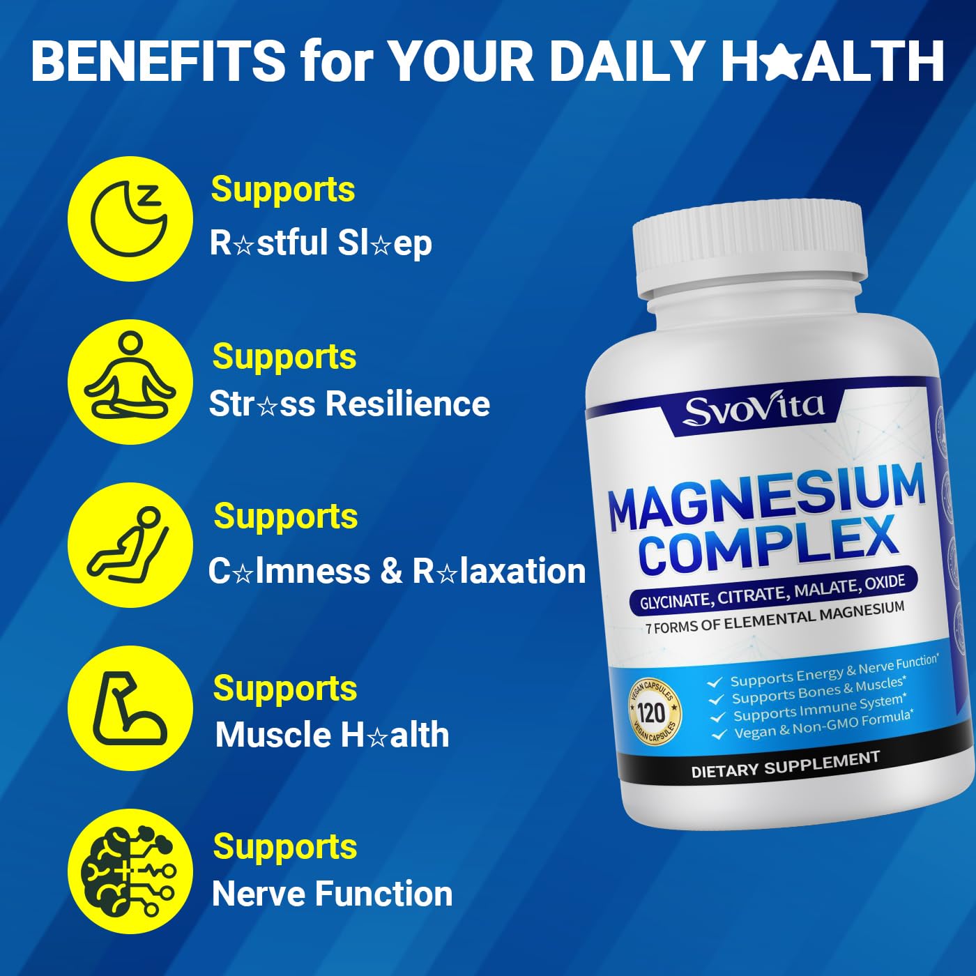 Magnesium Complex Supplement with 7 Forms of Magnesium Glycinate, Malate, Citrate & More, High Absorption for Bones, Muscle, Recovery, Energy, Vegan Non-GMO 120 Capsules Svovita uk supplements