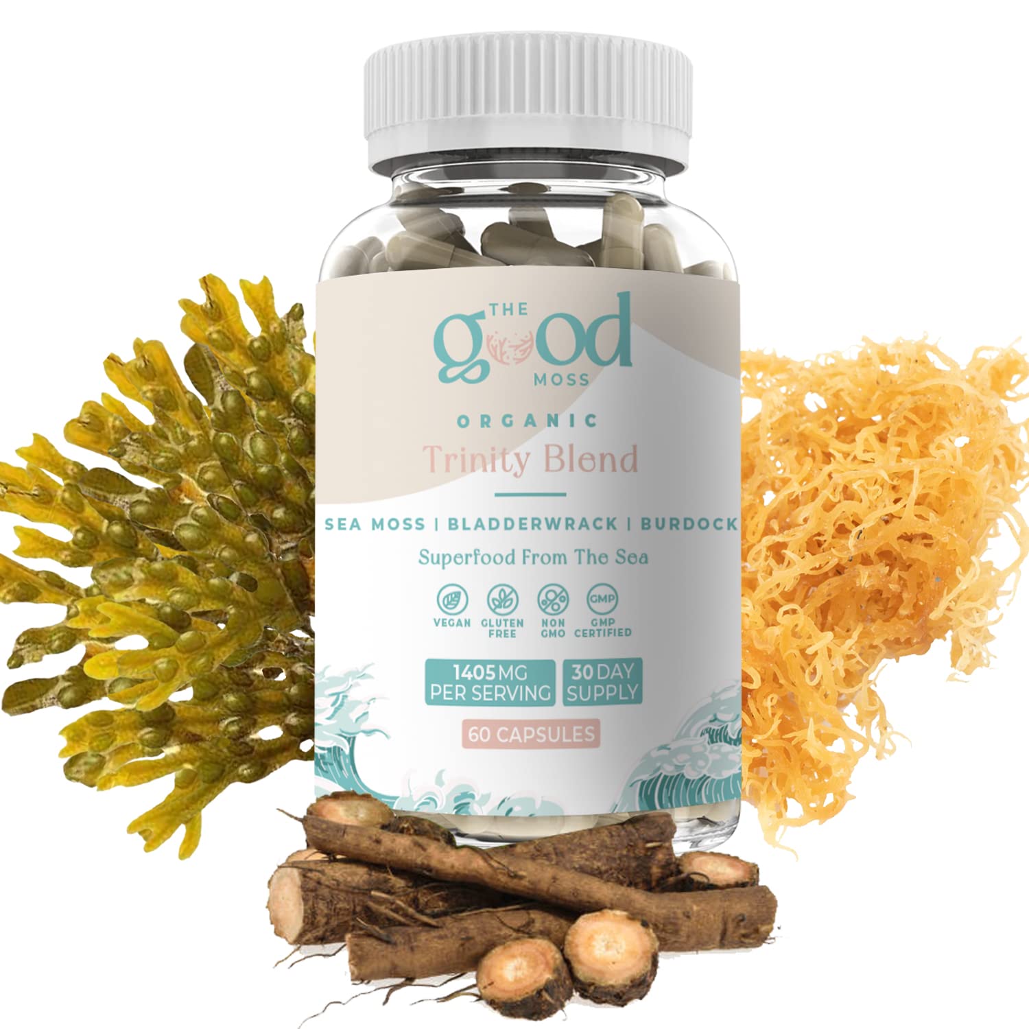 Trinity Blend Superfood -Sea Moss, Bladderwrack and Burdock Root Supplement for Overall Health Support, Hair, Skin and Nails 60ct The Good Moss uk supplements