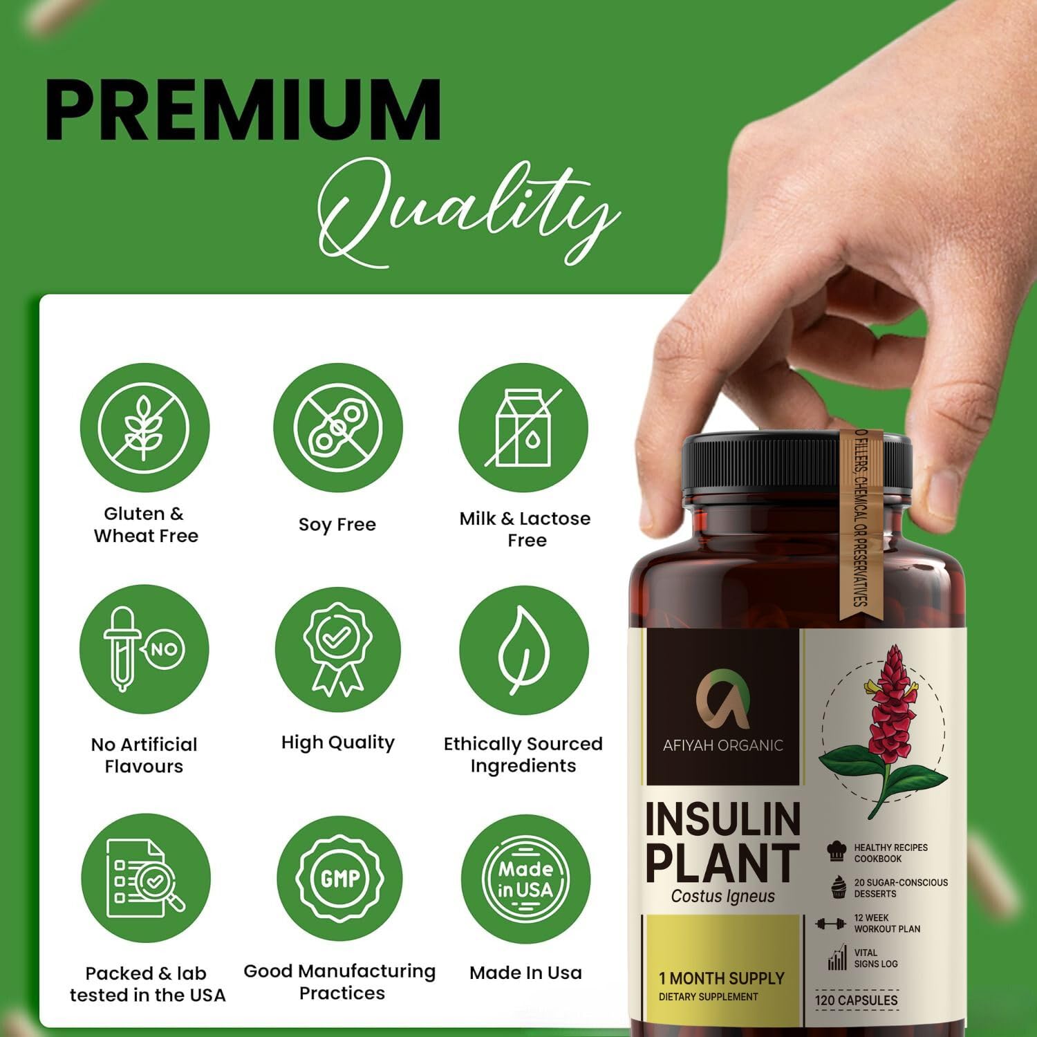 Afiyah Organic - Premium Quality Costus Igneus (Insulin Plant) Capsules - Easy to Swallow 120 Veggie Capsules (1 Month Supply) - Made in the USA - Including Complete Health Support Program Afiyah Organic uk supplements