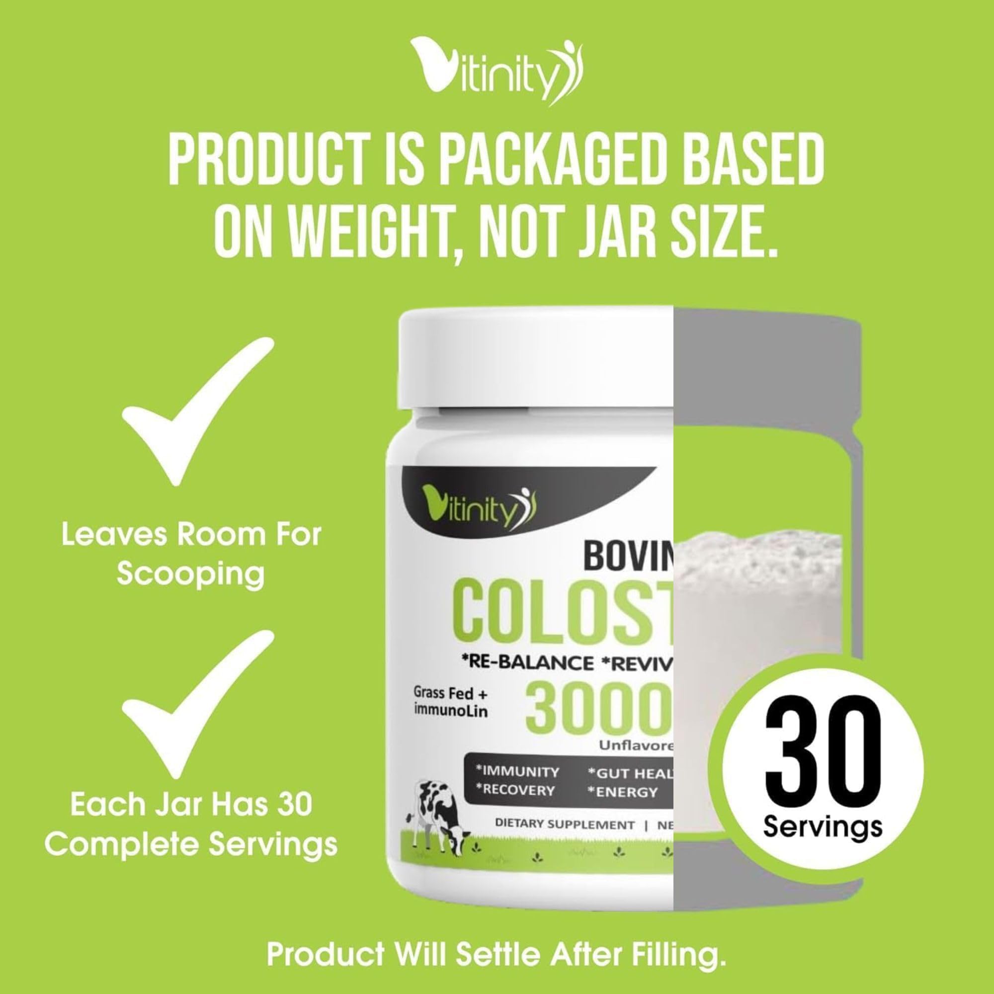 VITINITY Grass Fed Bovine Colostrum Powder for Humans 3000 mg - Natural IgG Colostrum Supplement Gut Health, Immune Support, Muscle Recovery, Wellness | Pure Colostrum Superfood,Unflavored 2 Pack VITINITY uk supplements