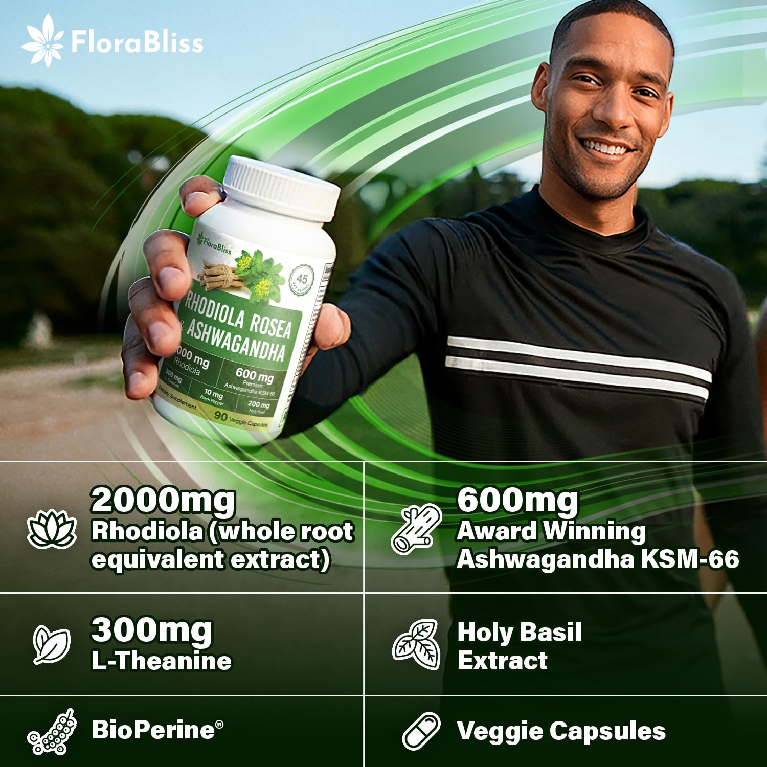 FloraBliss Rhodiola Rosea with Ashwagandha KSM-66, L-Theanine, Holy Basil & Black Pepper - 90 High Potency Vegan Capsules - 45-Day Supply FloraBliss uk supplements