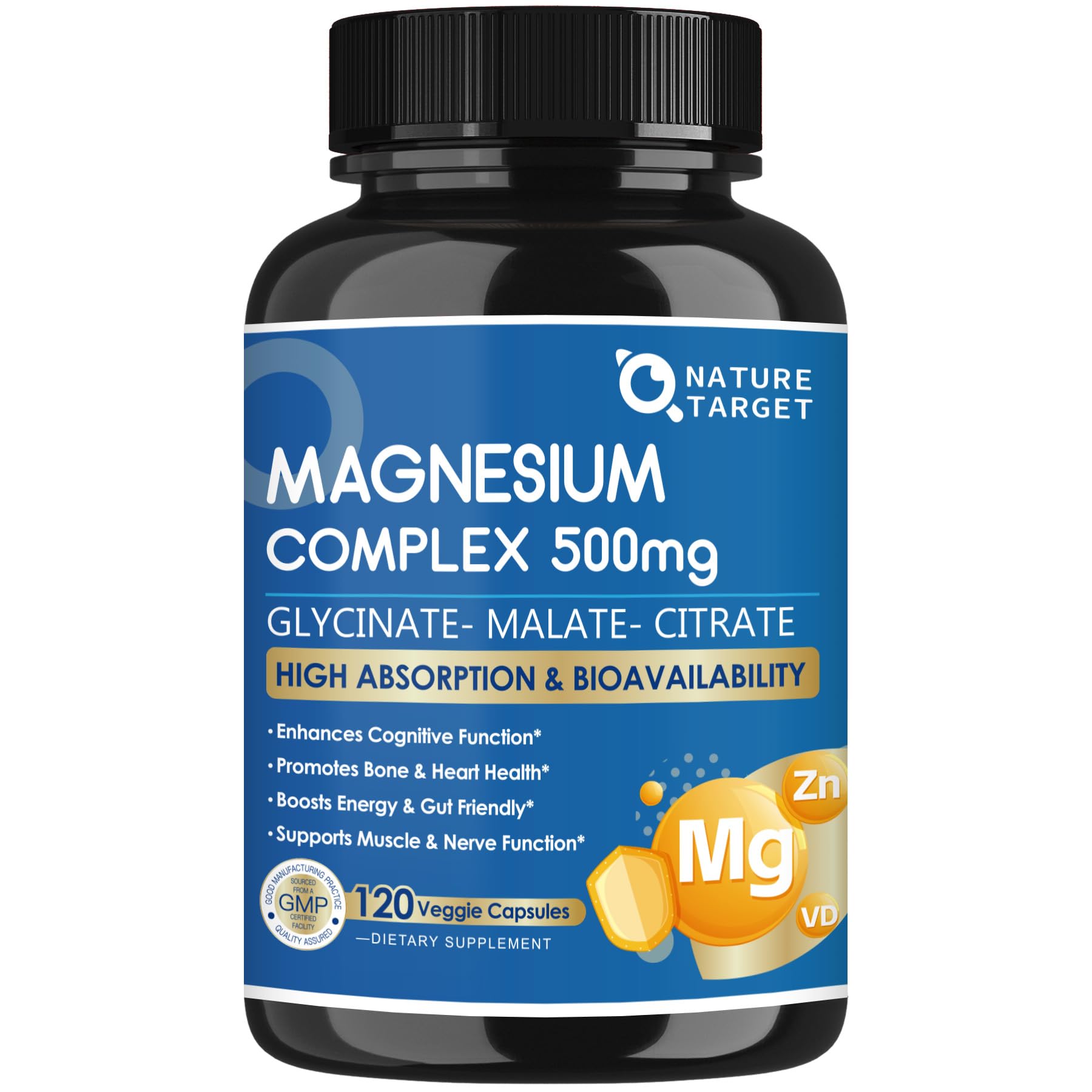 Magnesium Complex 500mg, Magnesium Glycinate, Malate & Citrate - High Absorption Chelated Triple Magnesium Supplement with Zinc, Vitamin D3 for Muscle, Nerve, Bone & Immune Support, Vegan 120 Capsules NATURE TARGET uk supplements