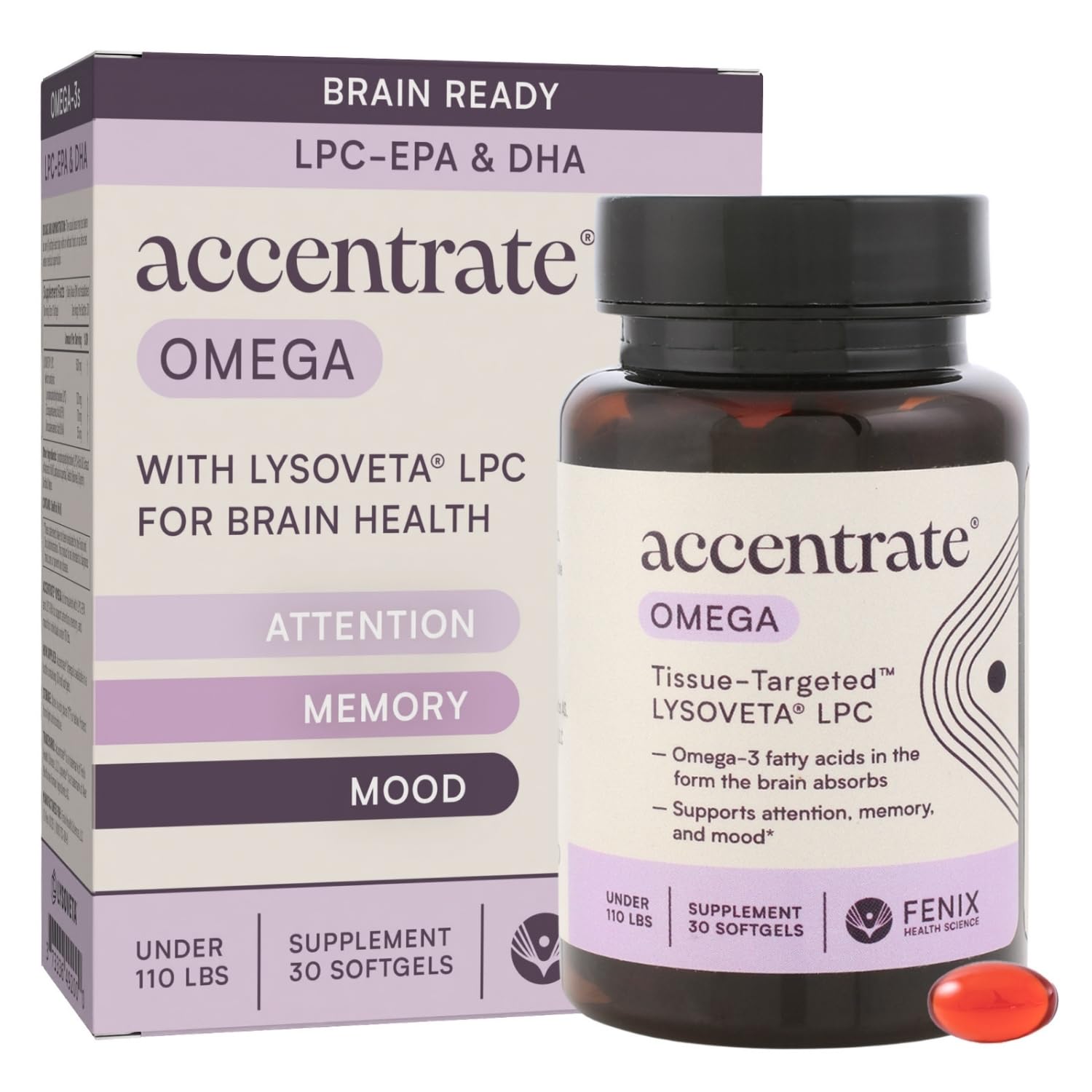 Omega w/LYSOVETA LPC | EPA & DHA Supplements for Brain Health | Focus, Attention, Memory, & Mood | 6X Higher Absorption Than Fish Oil | Omega-3 Fatty Acid Supplements | Highest Potency LPC-DHA Accentrate uk supplements