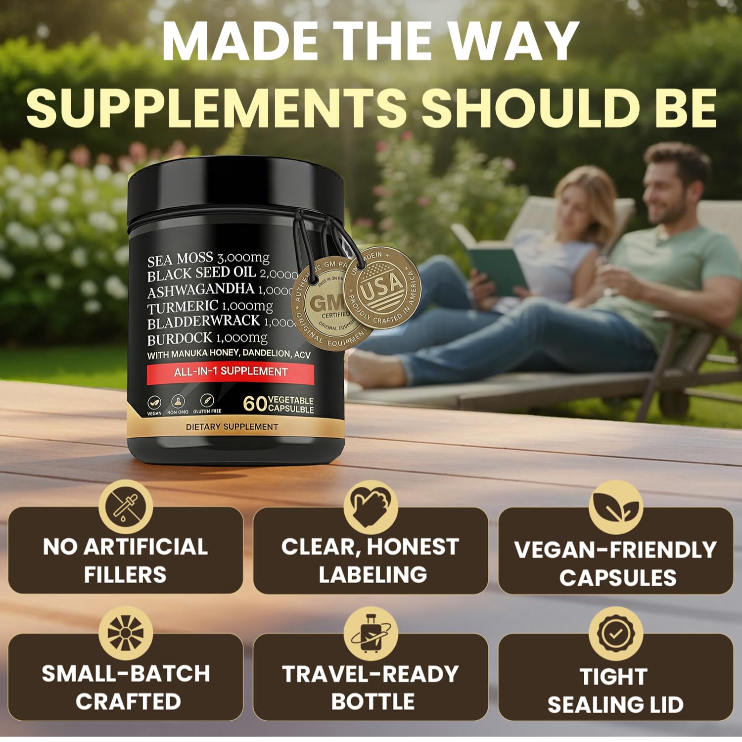 AZ ApexZone True Sea Moss Capsules Black Seed Oil Ashwagandha Burdock Root, Tumeric Supplement with Manuka Honey, Dandelion Root ACV - 60 Capsules - Multi Vitamin AZ ApexZone uk supplements