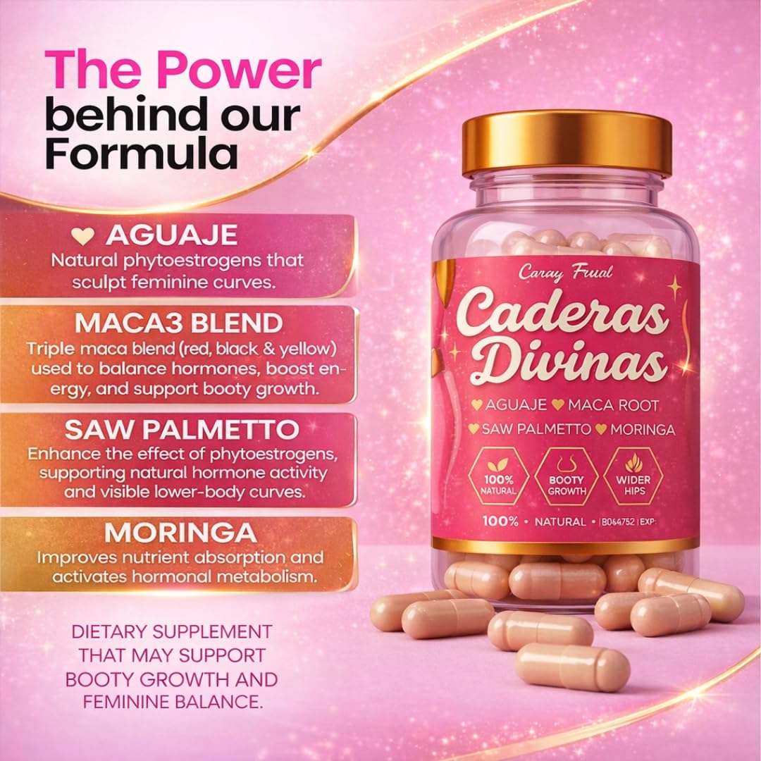 Caderas Divinas : Bigger Booty & Wider Hips – Aguaje + Maca Pills with Moringa & Saw Palmetto – 4 Super Ingredients for Natural Curve Growth – by CurvyFruit – 60 Capsules Curvy Fruit uk supplements