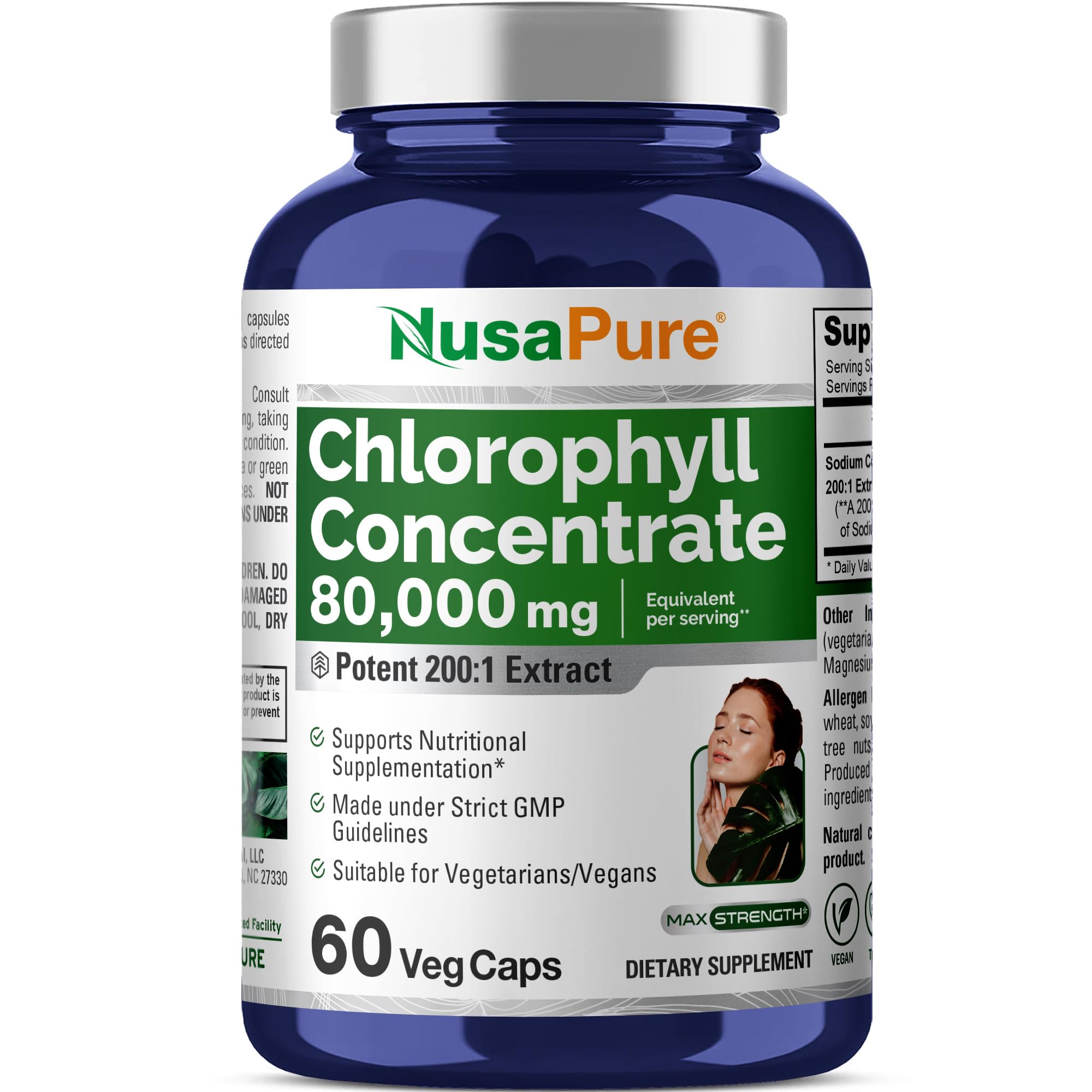 NusaPure Chlorophyll 200:1 Extract, 400 mg Equivalent to 80,000mg 60 Veggie Caps (Equivalent 80000mg per Serving, Non-GMO, Vegan) Sodium Copper Chlorophyllin NusaPure uk supplements