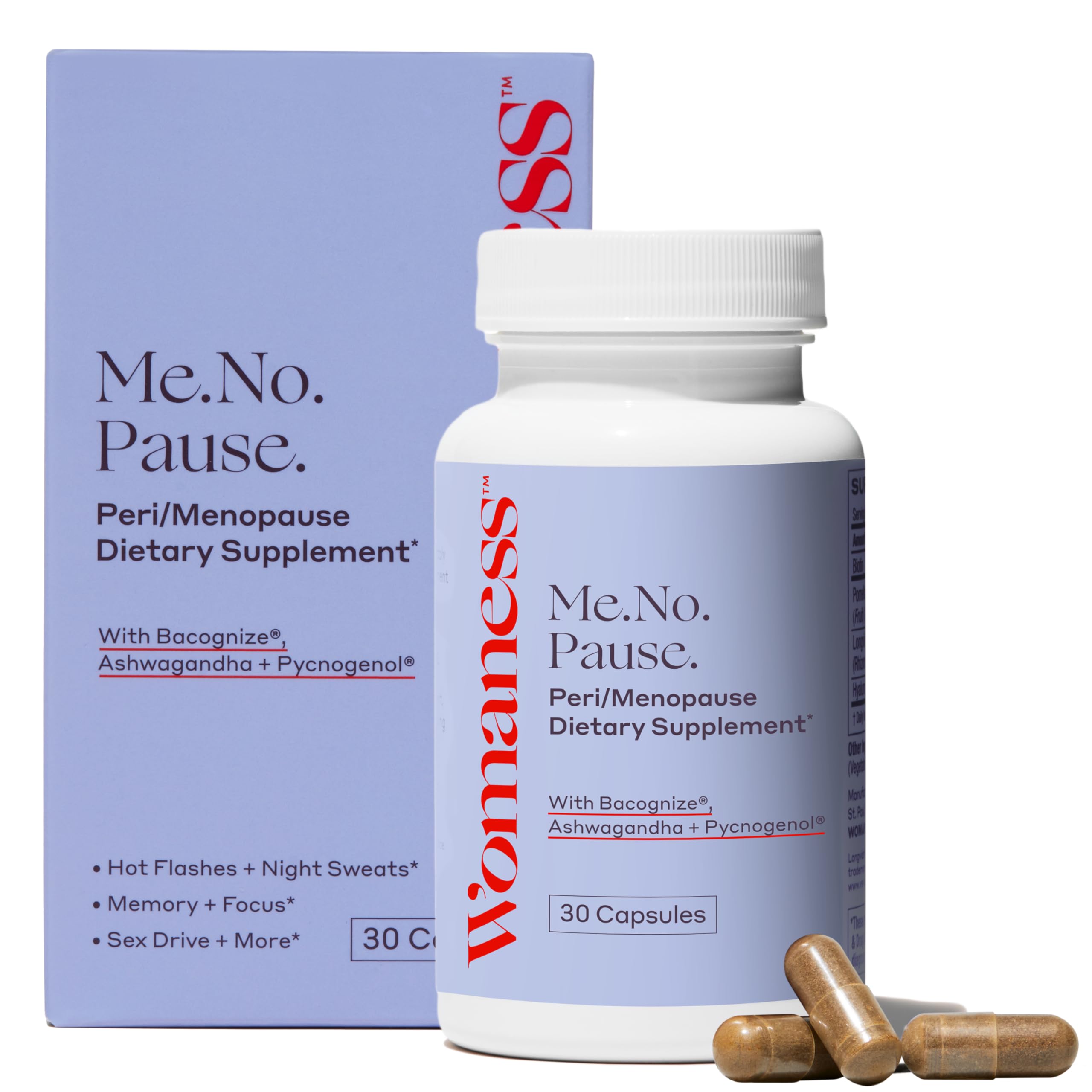 Womaness Menopause Supplements for Women - Hormone Balance for Women Perimenopause and Menopause - Ashwagandha, Pycnogenol and Bacognize for Hot Flashes, Brain Fog and Mood Hormone Free - 30 Capsules Womaness uk supplements
