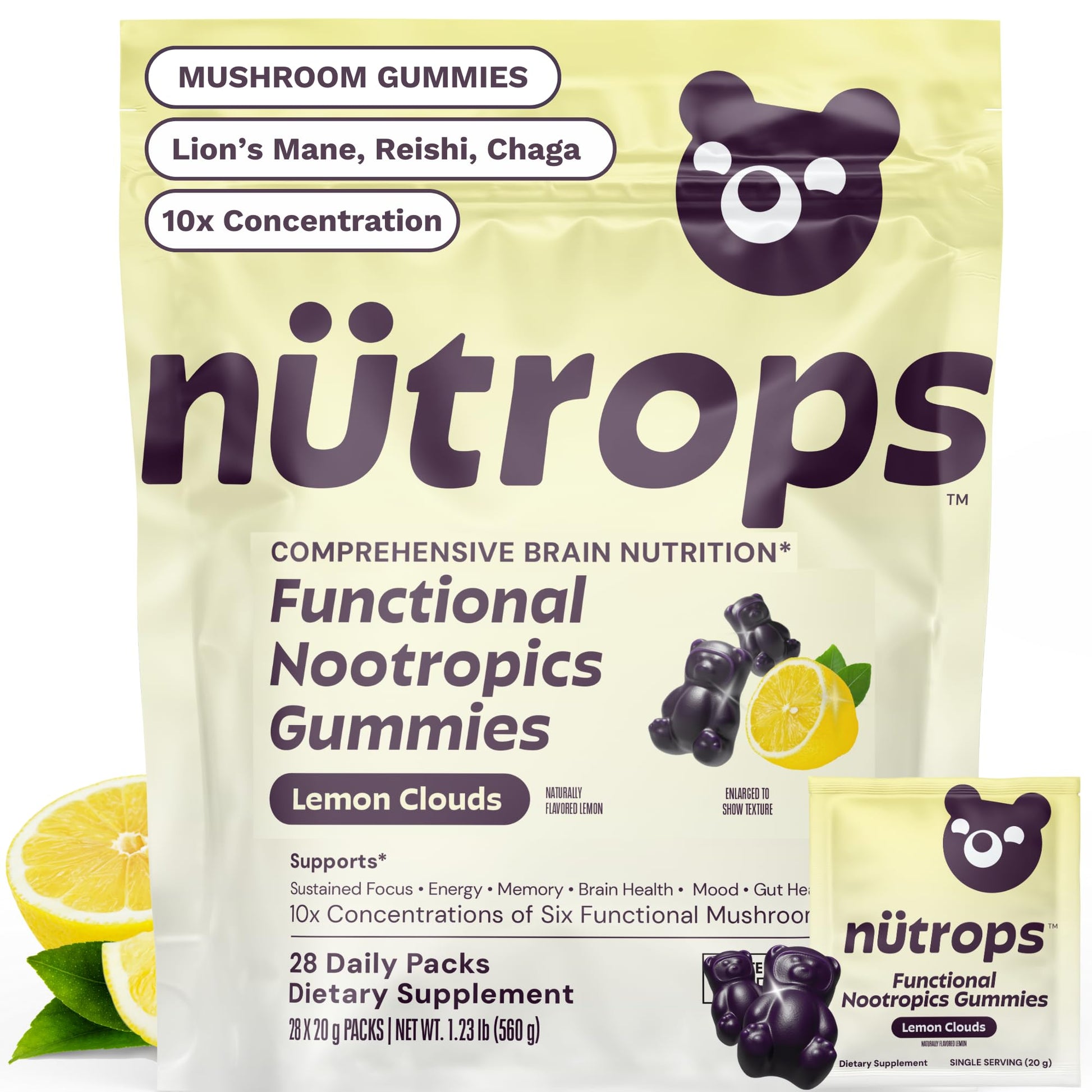 Nutrops Lions Mane Mushroom Gummies for adults, Functional Nootropics, Herbal Brain Supplement for Energy, Brain Health, Cognitive, Memory & Focus, Reishi, Chaga, Cordyceps, Coriolus, 28 daily Packs Grüns uk supplements