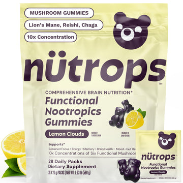 Nutrops Lions Mane Mushroom Gummies for adults, Functional Nootropics, Herbal Brain Supplement for Energy, Brain Health, Cognitive, Memory & Focus, Reishi, Chaga, Cordyceps, Coriolus, 28 daily Packs Grüns uk supplements