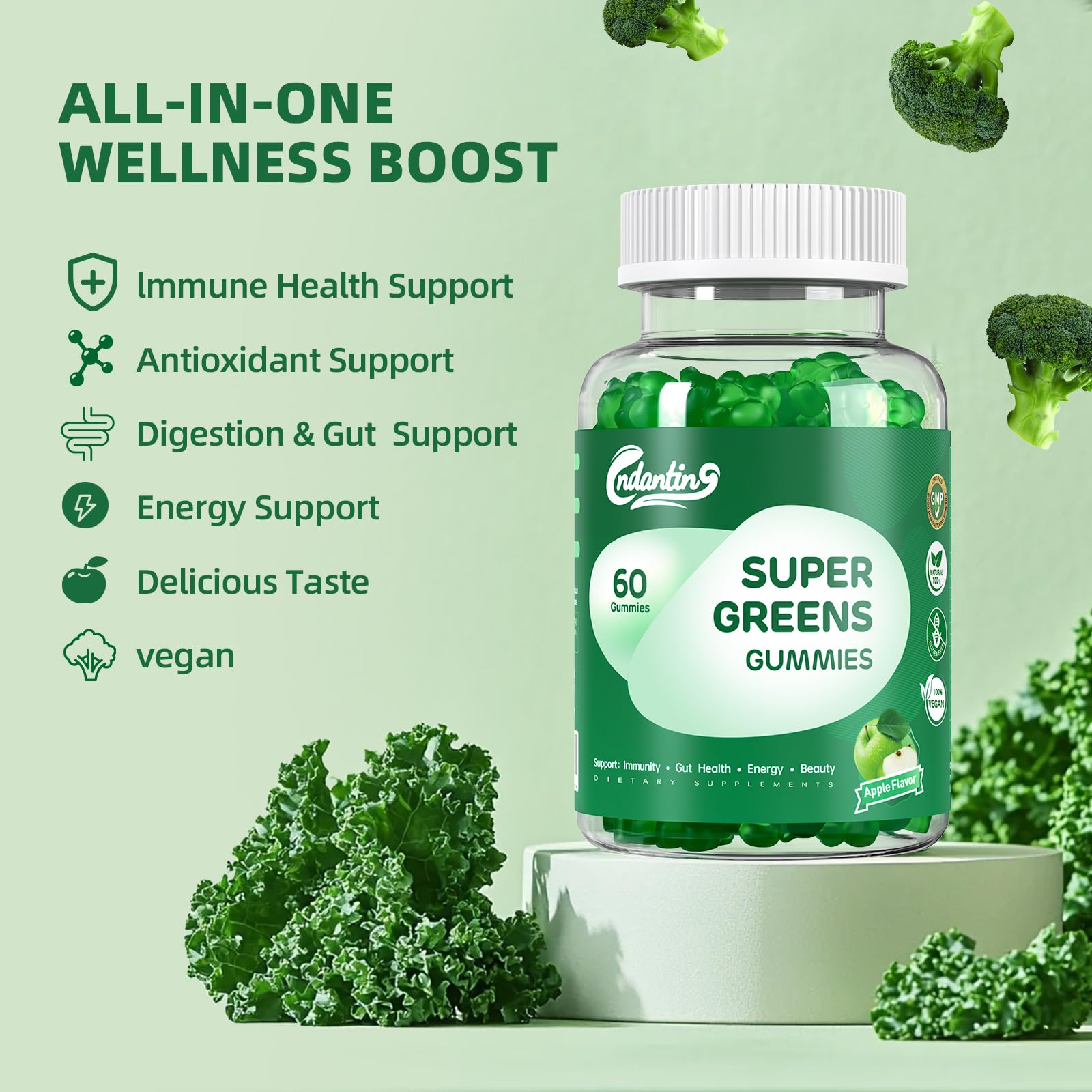 Multivitamin Super Greens Gummies - Daily Vegan Gummy Vitamins for Women, Apple Flavor | Organic Blend with Vitamin C, Turmeric, Zinc, Immune Support, Energy Booster, Metabolism | 60 Count CNDANTING uk supplements