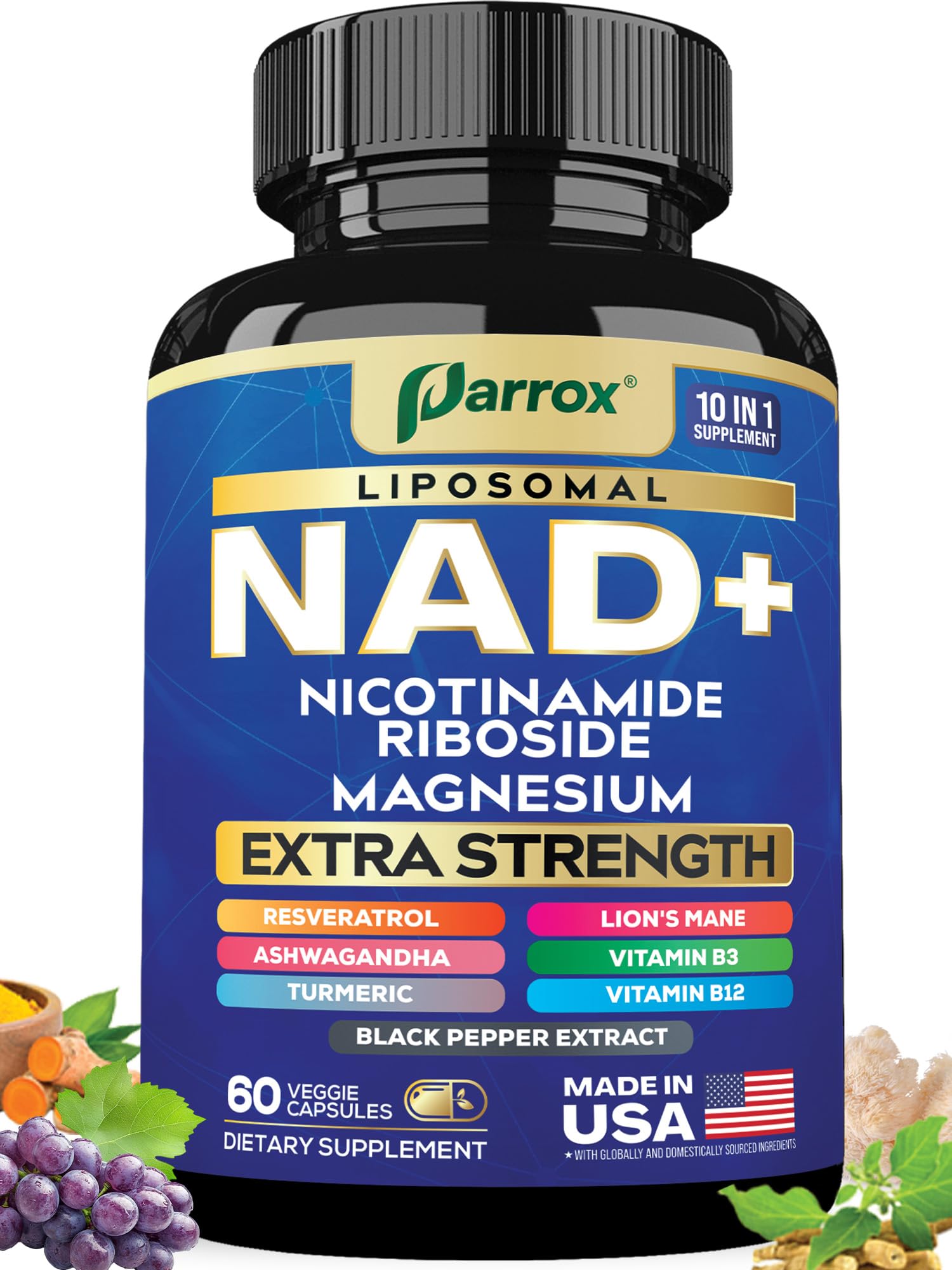 Parrox NAD+ Supplement with Liposomal NAD+, Nicotinamide Riboside, Magnesium, Vitamin B3 & B12, Resveratrol, Turmeric, Ashwagandha, Lion’s Mane,10-in-1 Extra Strength Parrox uk supplements
