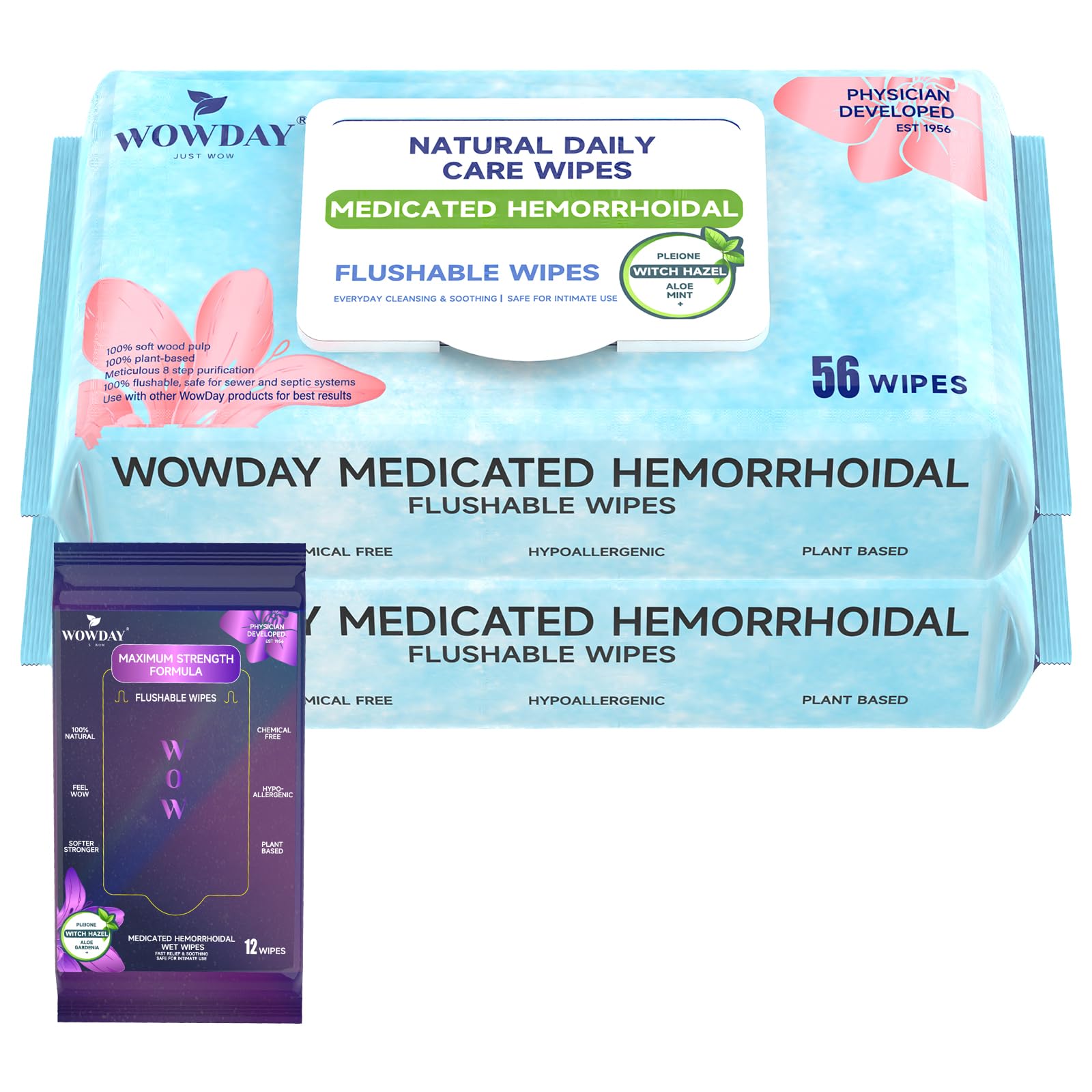 Wowday Flushable Hemorrhoid Wipes | Medicated Witch Hazel Wipes Ph Balanced | 112 Count Natural Fragrance Free Adult Hemorrhoids Witch Hazel Wipe for Butt Itch WowDay uk supplements