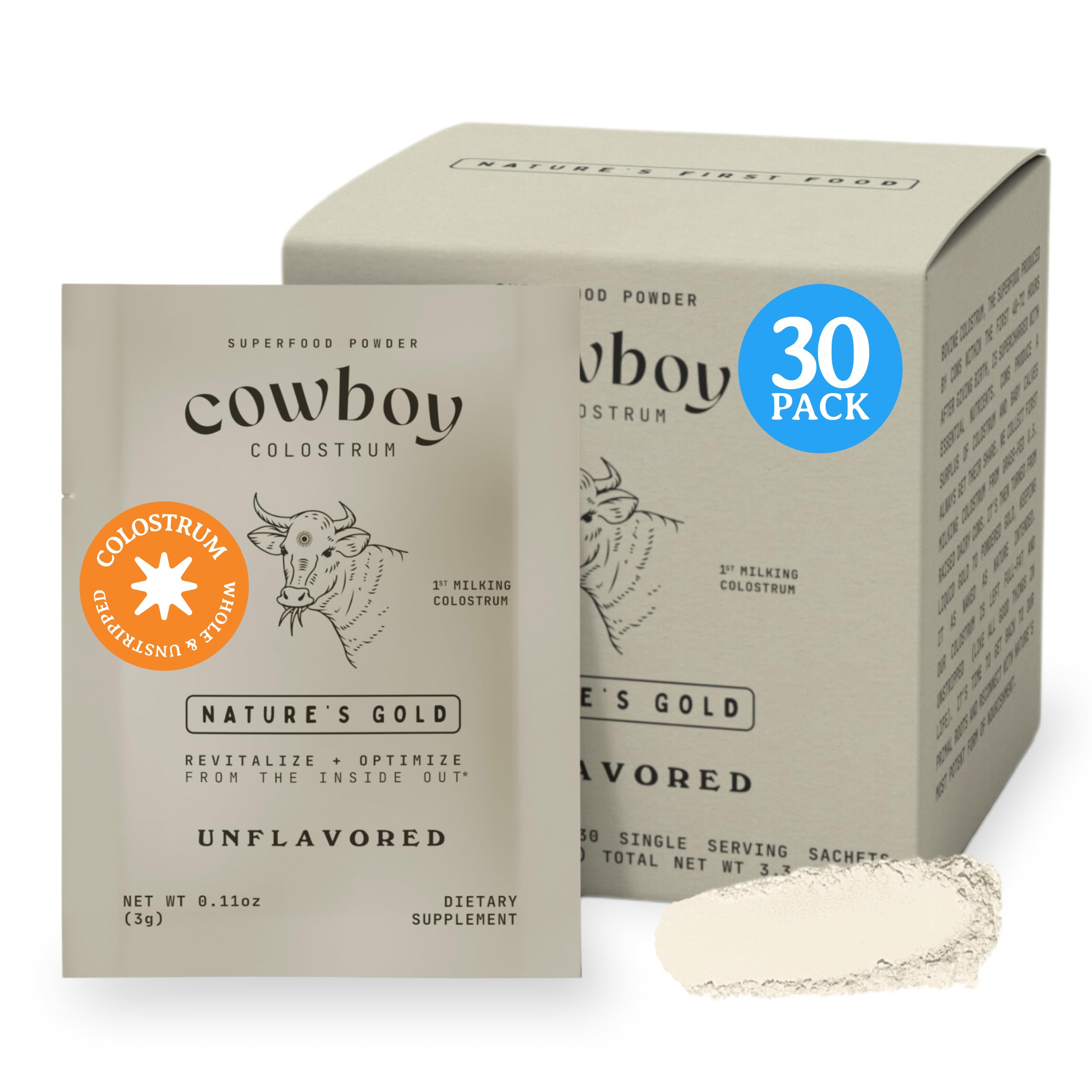 COWBOY COLOSTRUM Powder Travel Packs - Bovine Colostrum Powder - First Day Milking Whole Colostrum - Grass Fed Colostrum Supplement for Gut Health, Immunity, Skin & Hair (Unflavored, 30 Servings) COWBOY COLOSTRUM uk supplements