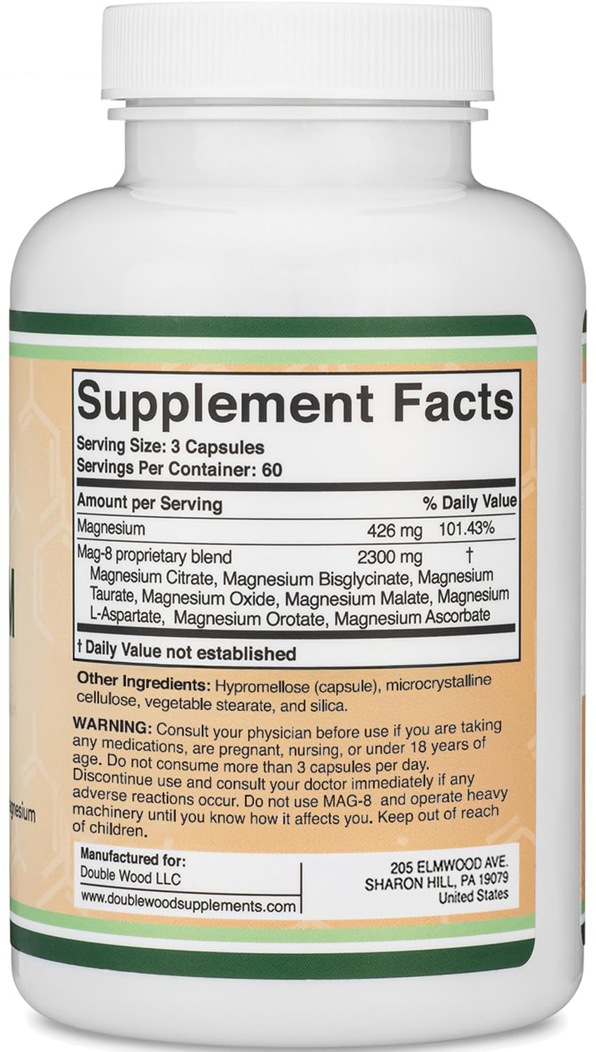 Magnesium Complex Supplement 180 Capsules (426mg Elemental Magnesium Provided by 2,300mg of Eight Different Forms of Magnesium) MAG-8 Provides 100% Daily Recommended Value of Magnesium by Double Wood Double Wood Supplements uk supplements