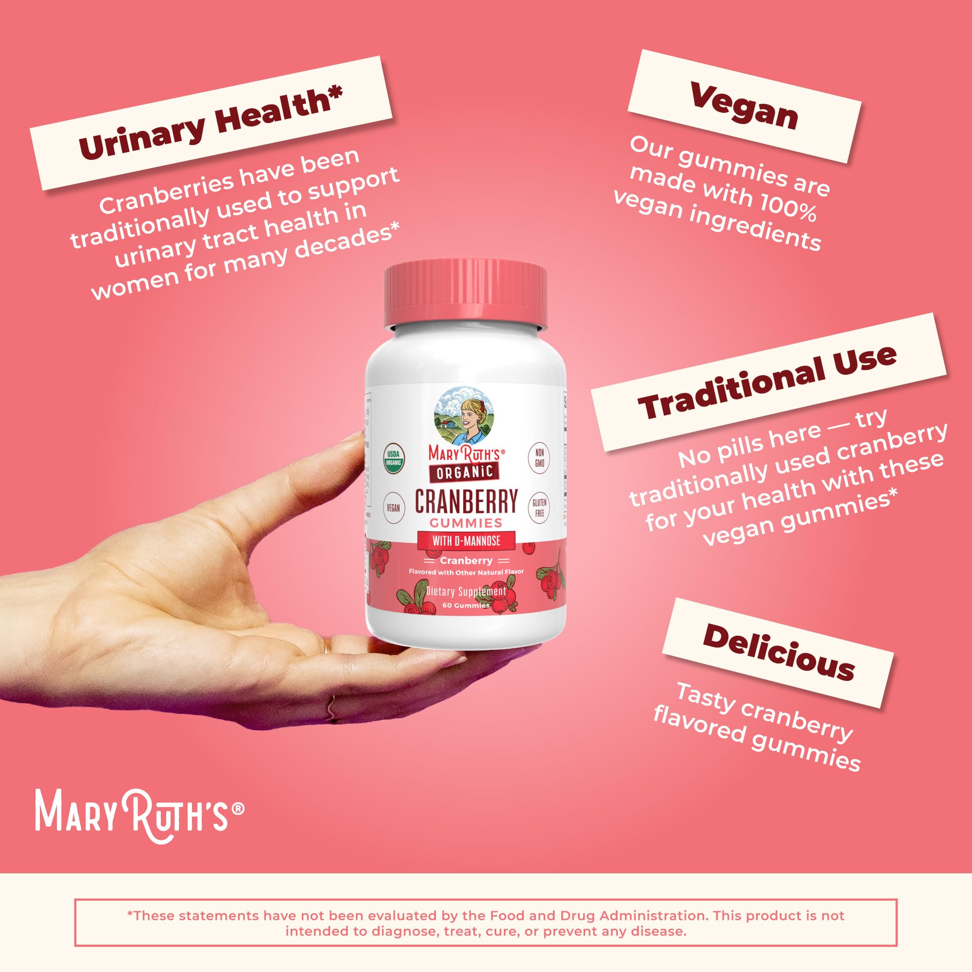 MaryRuth Organics Organic Cranberry Gummies - 500mg Supplement | Urinary Tract Health for Women | with D Mannose | Traditional Use