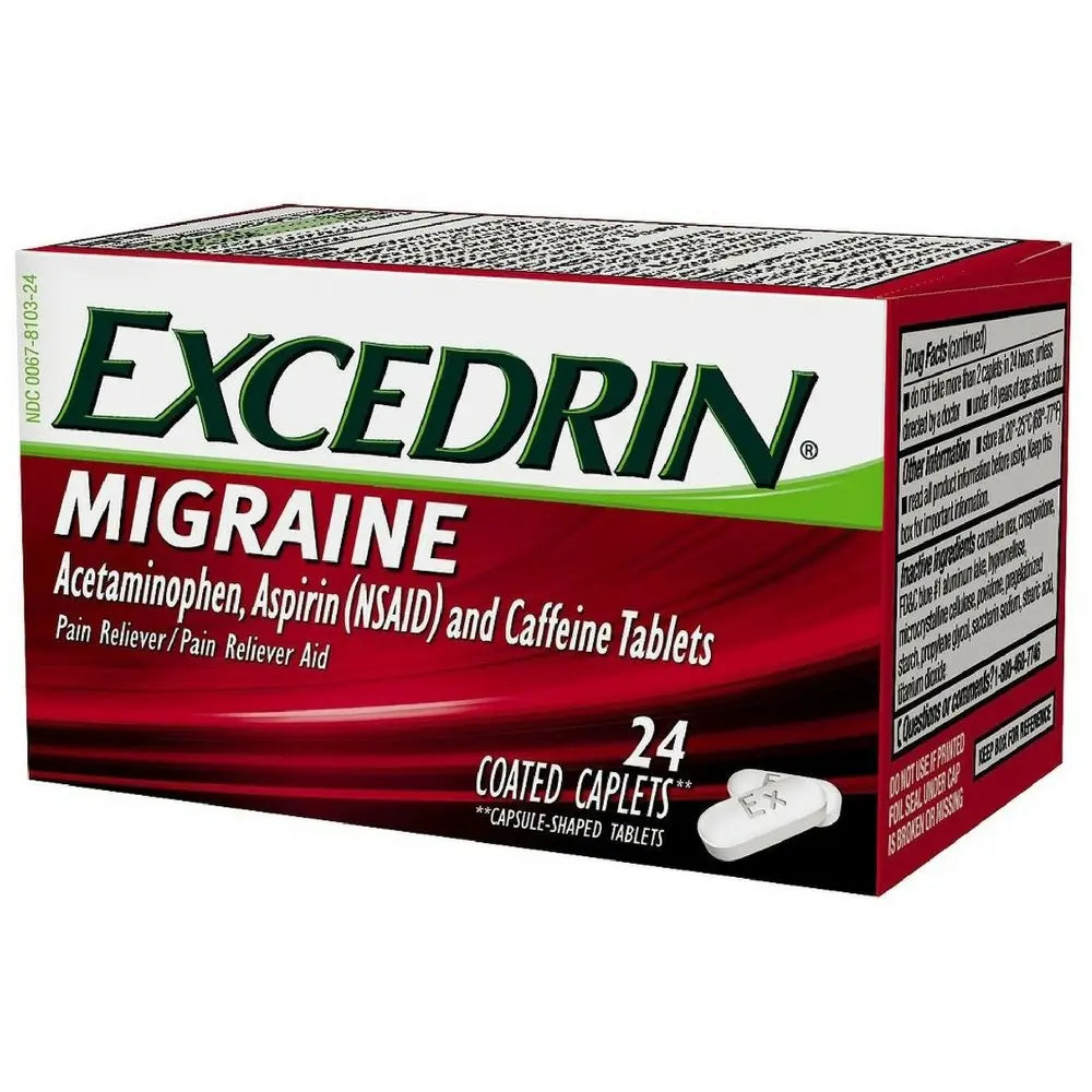 Excedrin Migraine Relief Caplets for Migraine Symptoms, Acetaminophen 250mg, Aspirin 250mg, Caffeine 65mg, Pain Reliever, 24 Count Excedrin uk supplements