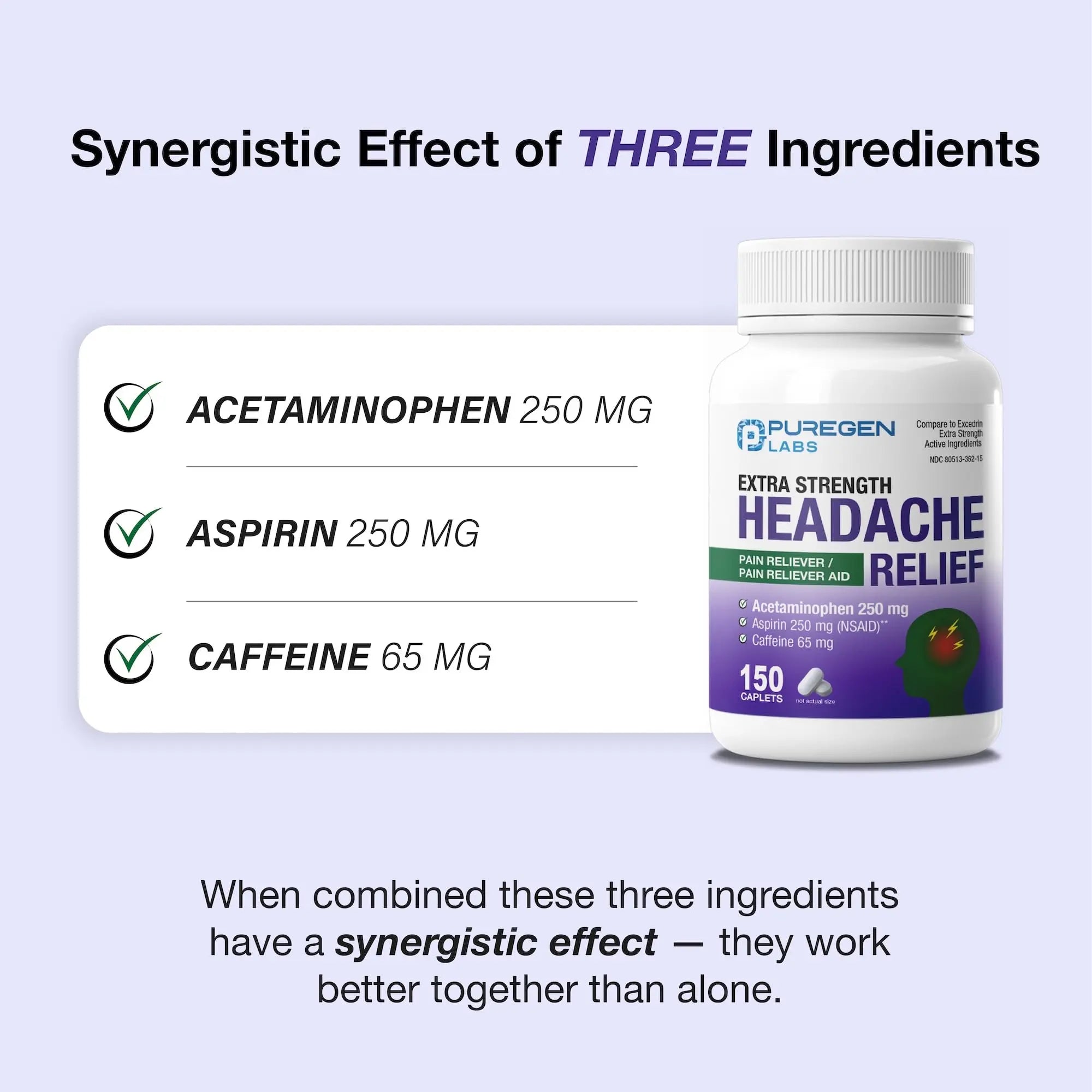 Puregen Labs Extra Strength Headache Caplets, Aspirin 250 mg (NSAID), Caffeine 65 mg, 150 Count P Puregen Labs uk supplements