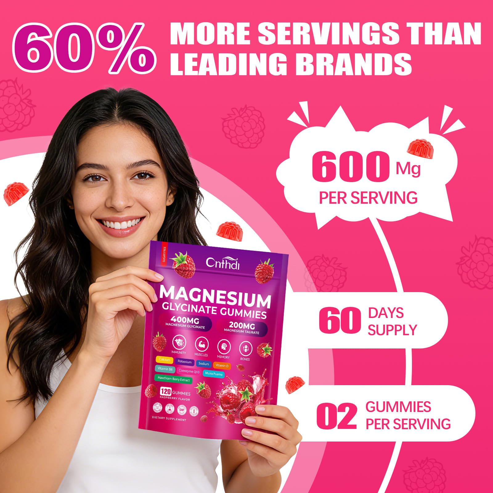 CNFHDI Magnesium Glycinate Gummies 600mg, 120 Counts Chews Sugar Free Magnesium Gummies for Adults & Kids with Calcium, Zinc & CQ10, Potassium Supplements for Zzz, Brain, Muscle & Relax CNFHDI uk supplements