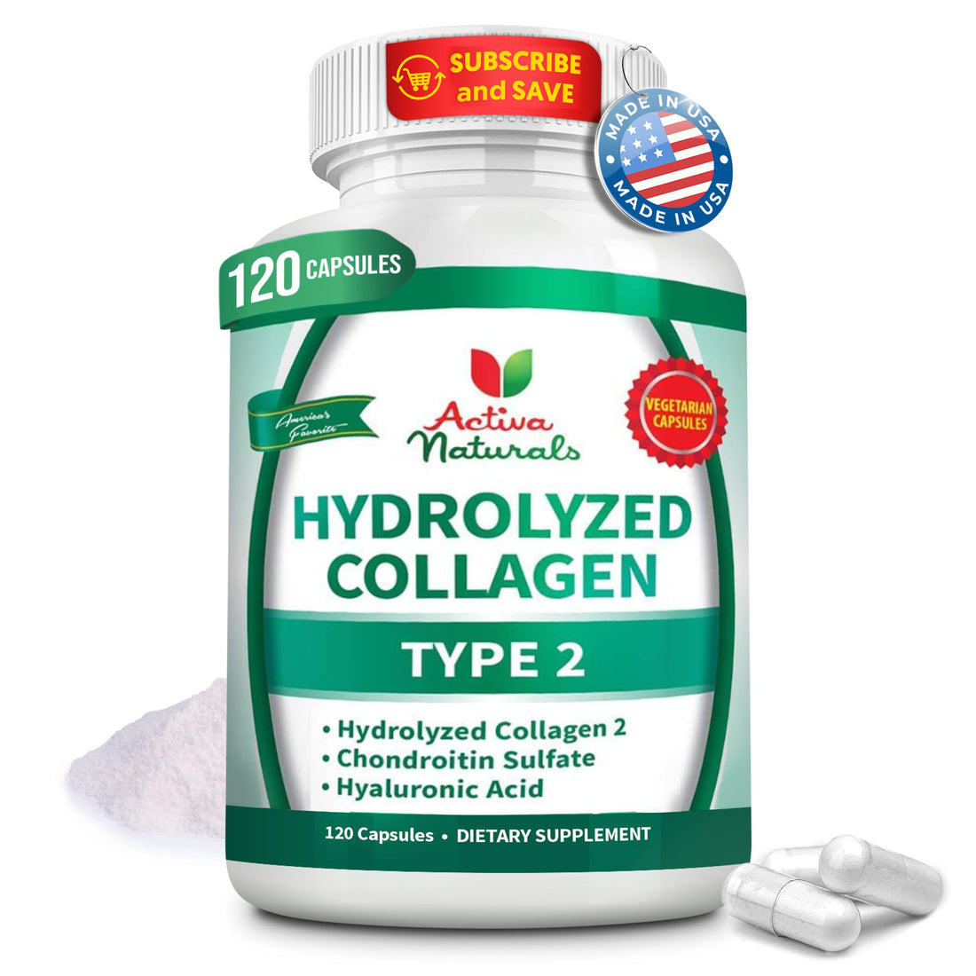 Activa Naturals Collagen Type 2 Hydrolyzed Supplement with Chondroitin and Hyaluronic, for Healthy Hair, Skin, and Nails, No Fillers, Additives, and No Artificial Colors - 120 Vegetarian Capsules Activa Naturals uk supplements
