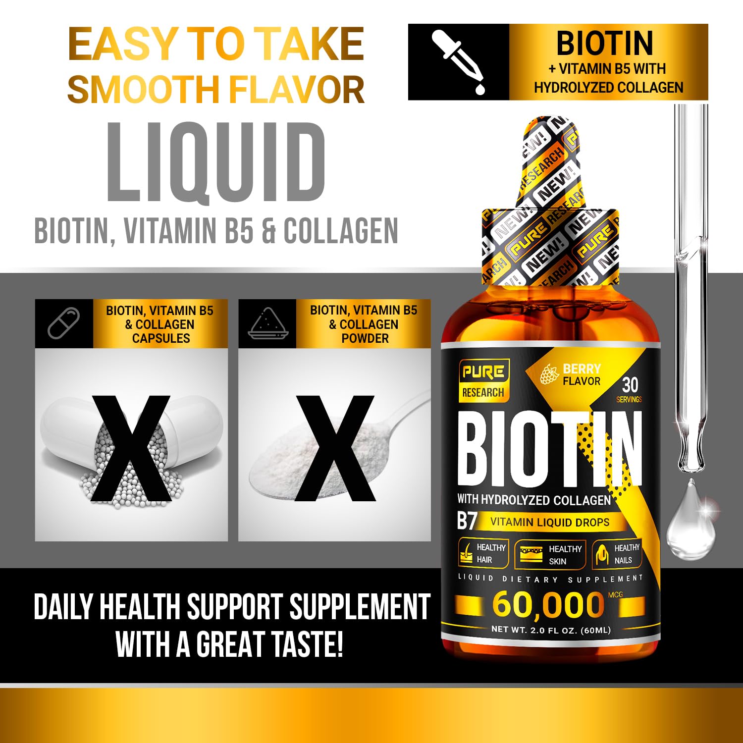 PURE RESEARCH Liquid Biotin & Collagen Hair Growth Drops 60,000mcg – Biotin and Liquid PURE RESEARCH uk supplements