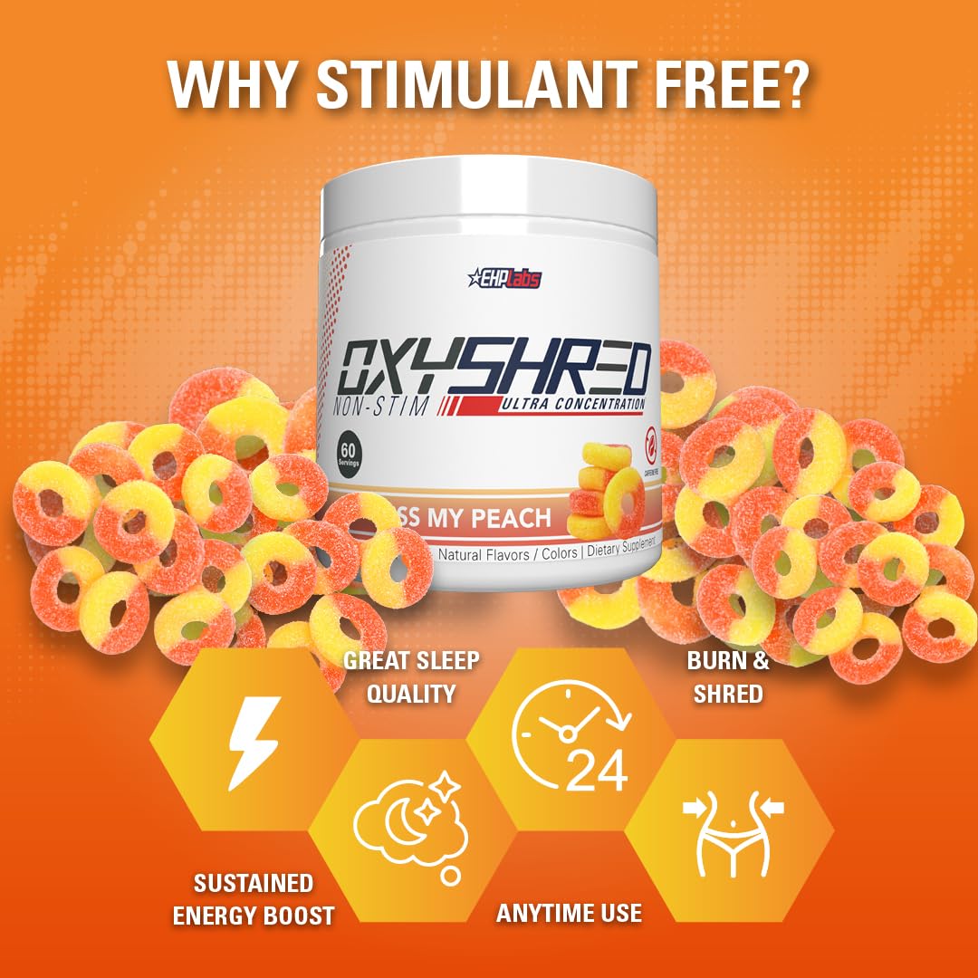 EHP Labs OxyShred Non Stimulant Pre Workout Powder - Stim Free Pre Workout, Caffeine Free Preworkout for Men & Women with L Glutamine & Acetyl L Carnitine - Peach, 60 Servings EHP Labs uk supplements