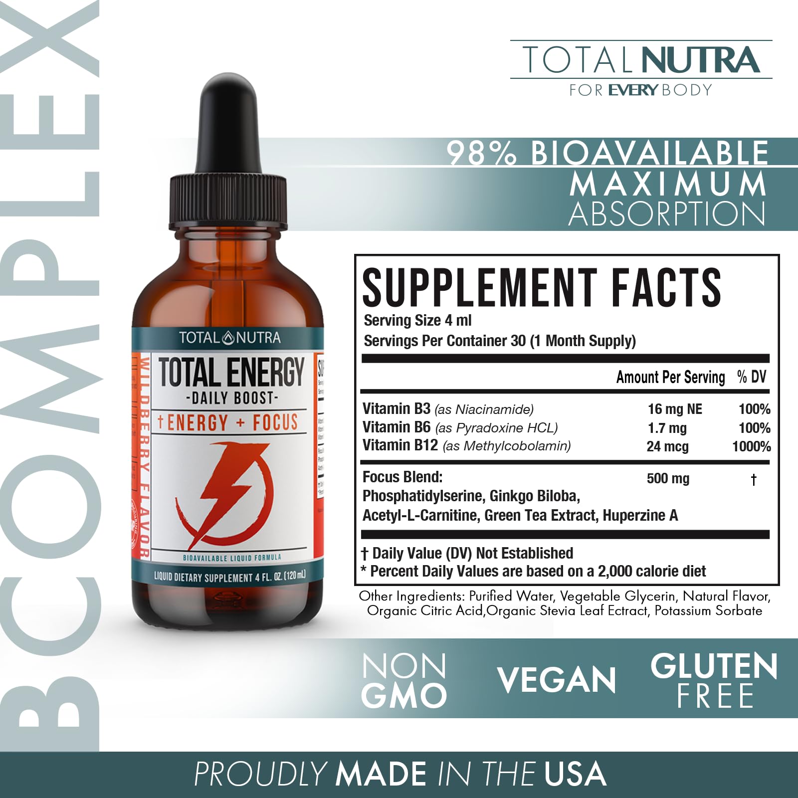 Extra Strength Vitamin B Complex Drops- B Vitamins B12, B6, B3- Vegan and Non GMO Total Nutra uk supplements