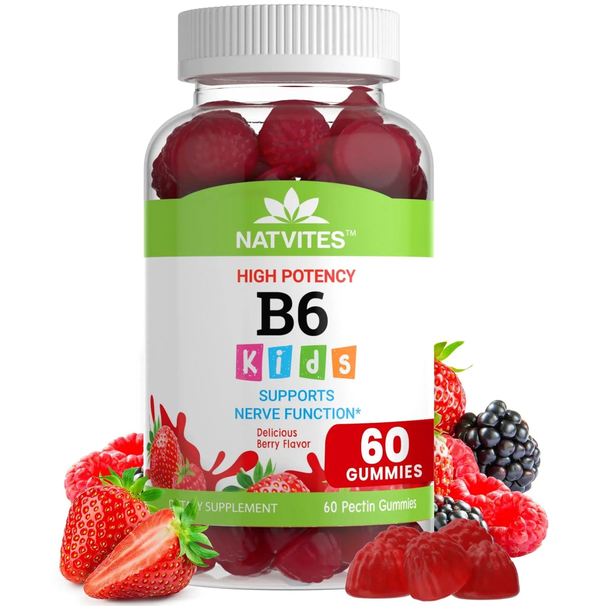 Natvites High-Potency Vitamin B6 Gummies for Kids - Delicious Berry Flavored VIT B6 Vitamins 50mg - Supports Nerve Function - Vegetarian Gluten Free Non-GMO Children's 50 mg B 6 Supplement (60 Count) Natvites uk supplements