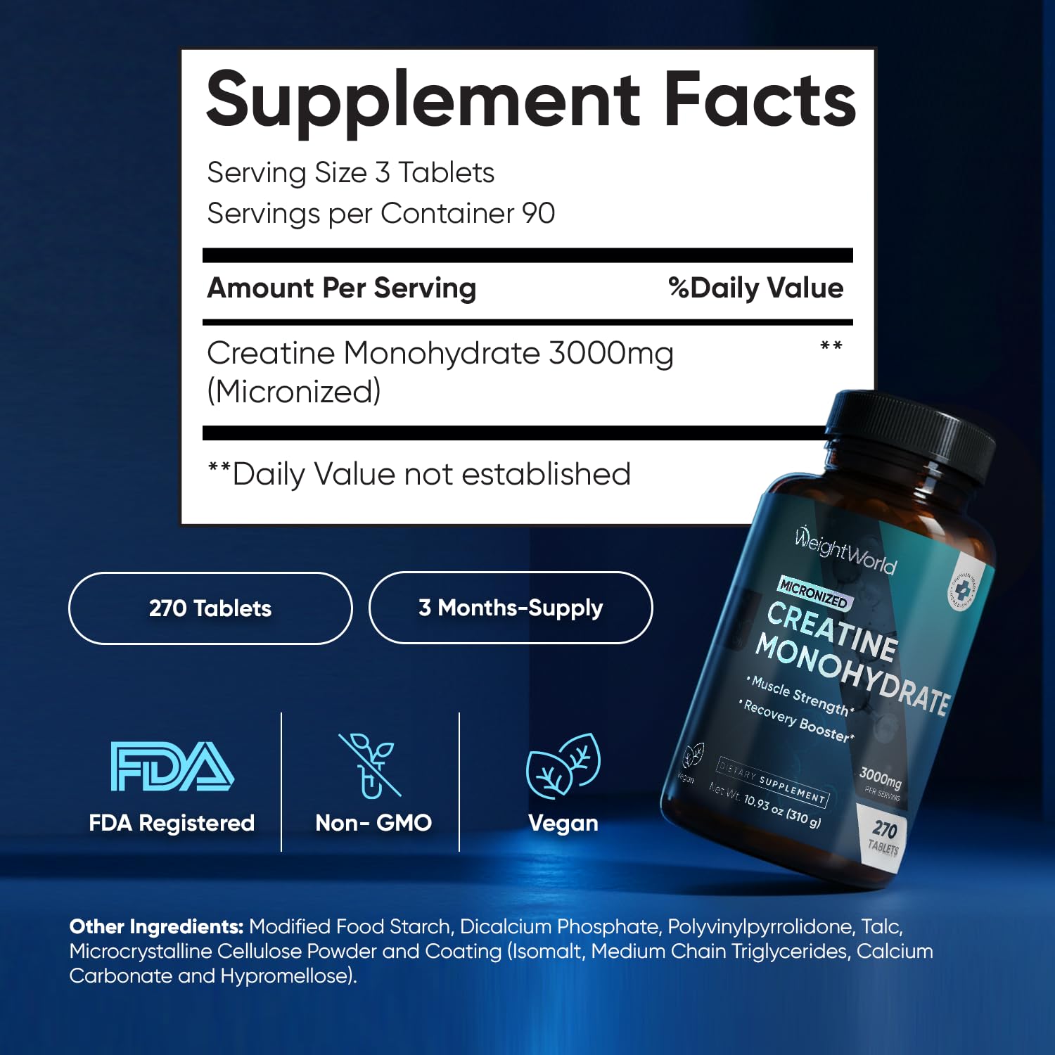 WeightWorld Micronized Creatine Monohydrate 3000mg Tablets - Muscle Growth, Strength, Energy & Recovery | Pre Workout Creatine for Women & Men | 1000mg per Tab WeightWorld uk supplements