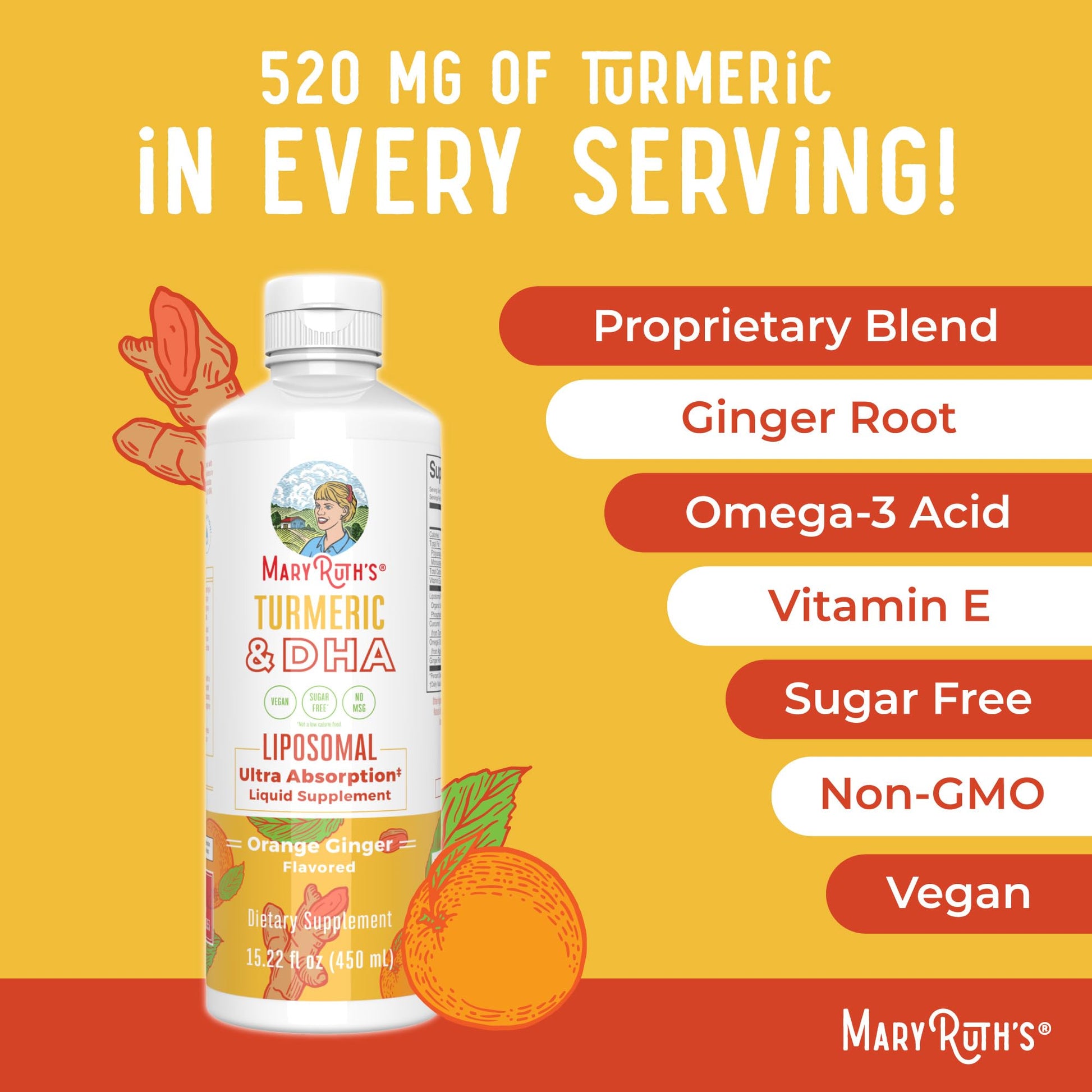 MaryRuth Organics | Liposomal Turmeric & DHA | Curcumin | Ginger Root Oil | Algal DHA & Vitamin E | Cognitive Function | Mood Support | Joint Health | Liquid Supplement | 15.22 oz MARYRUTH'S uk supplements