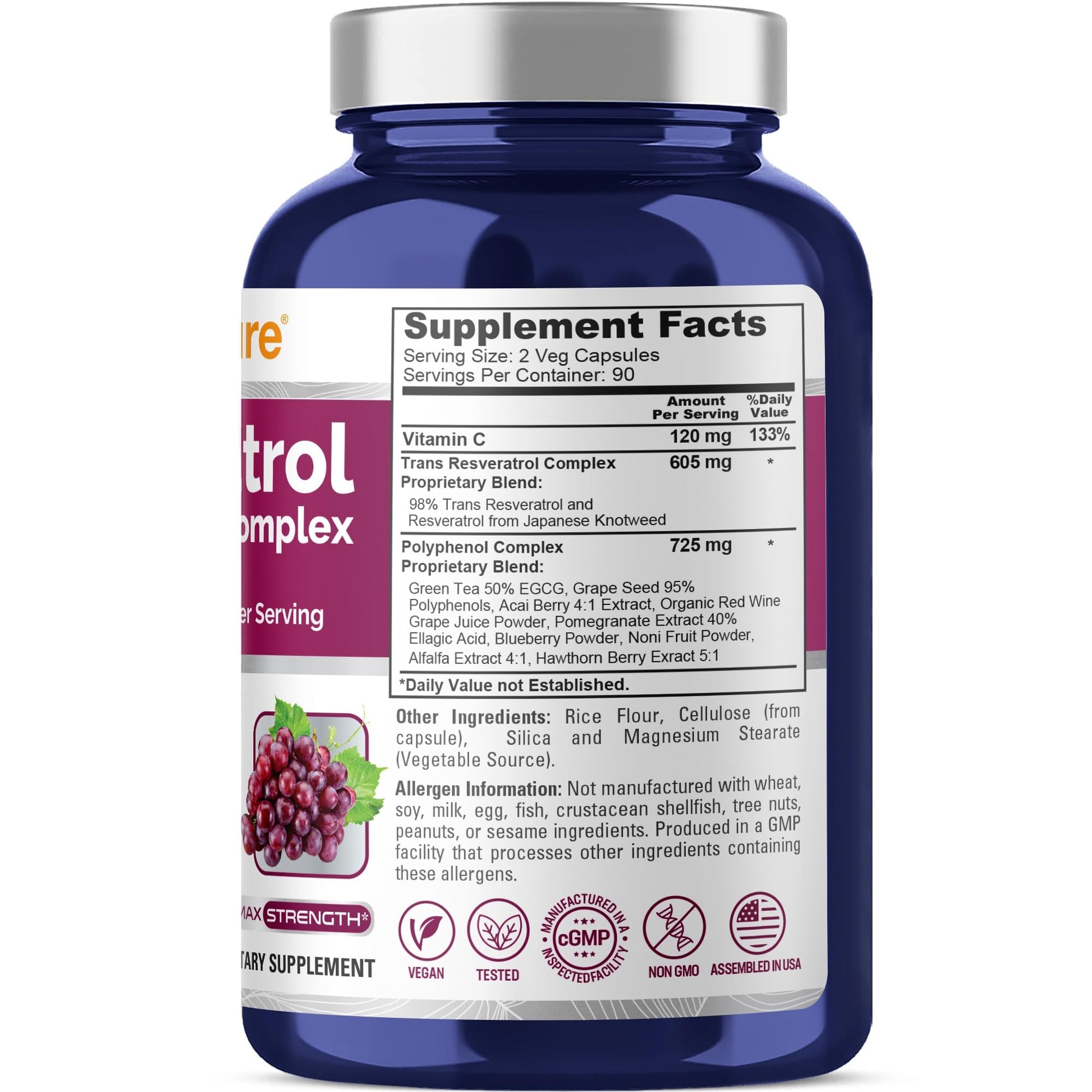 NusaPure Resveratrol & Polyphenol Complex 1450mg 180 Vegetarian Caps (Non-GMO, Vegan) Vitamin C NusaPure uk supplements