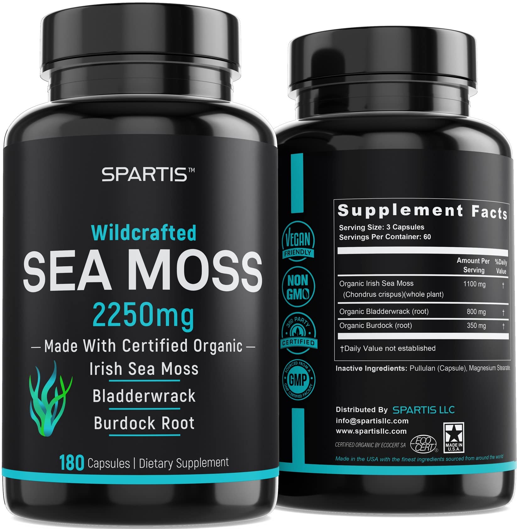 Certified Organic Sea Moss Capsules 2250mg Wildcrafted Irish Sea Moss Burdock Root SPARTIS uk supplements