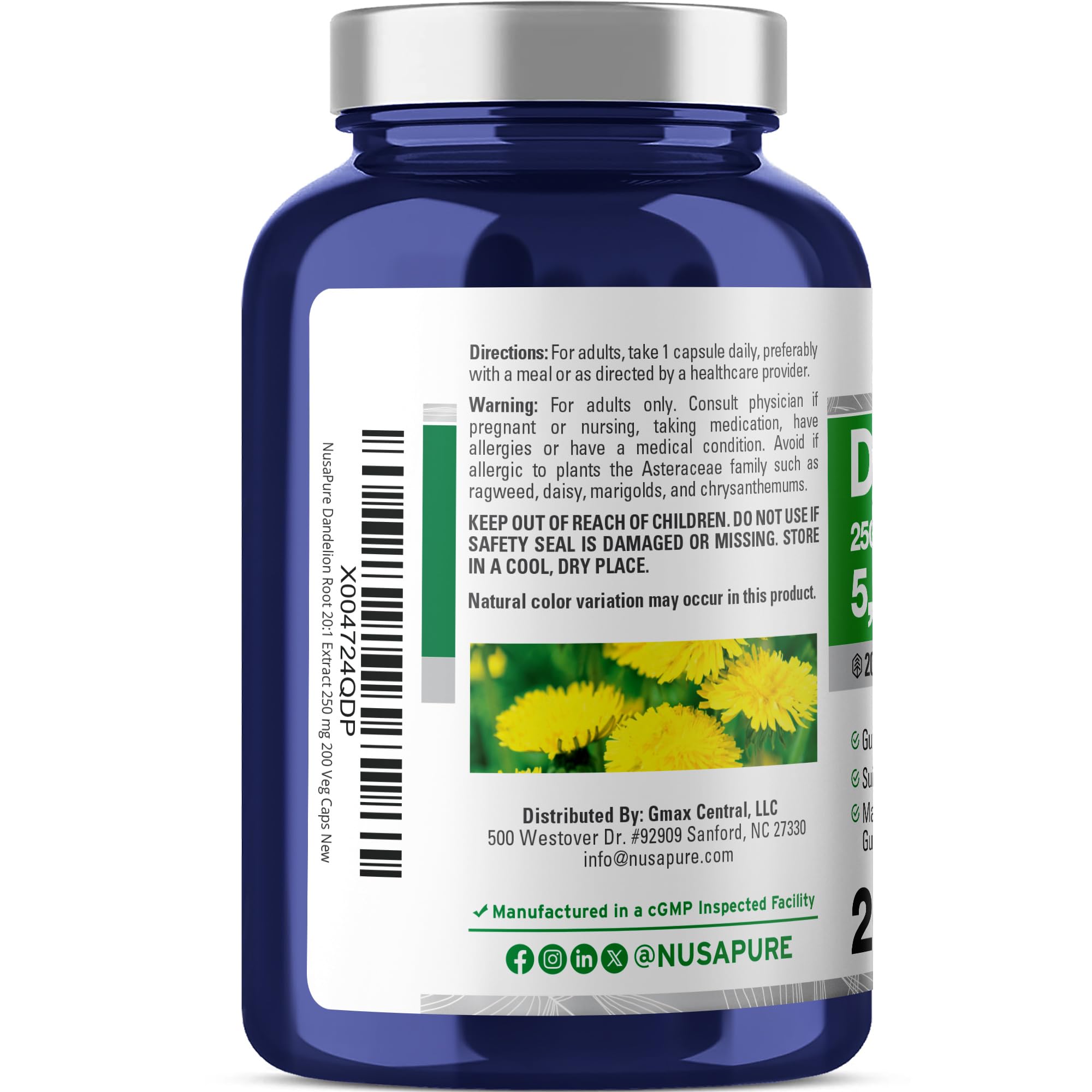 NusaPure Dandelion Root 20:1 Extract, 250 mg Equivalent to 5000mg 200 Veg Capsules (Vegan, Non-GMO) NusaPure uk supplements