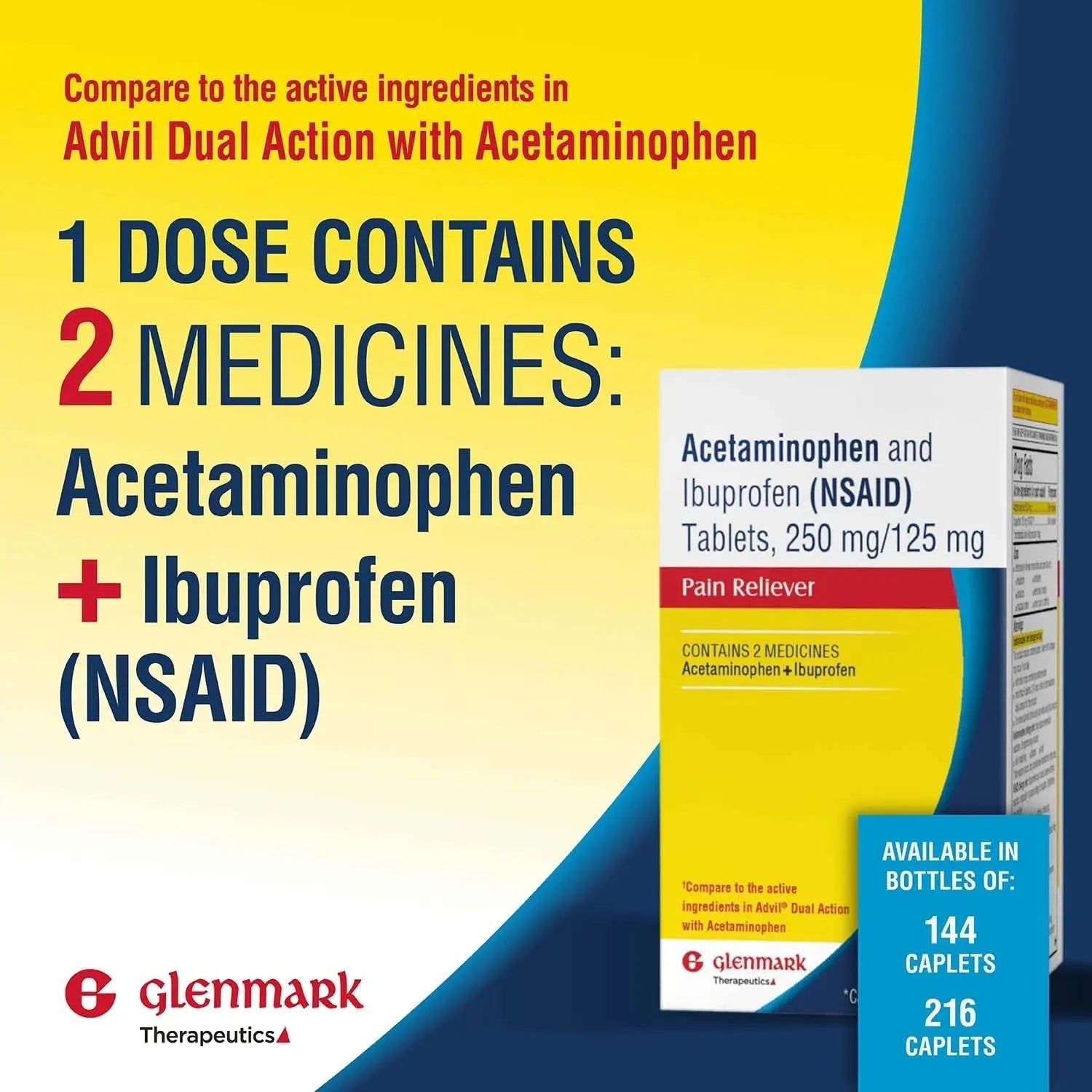 Dual Action Acetaminophen 250mg and Ibuprofen 125mg Caplets, Up to 8h of Pain Relief for Minor Aches and Pain, Headaches, Toothache, Backache, Menstrual Cramps, Minor Arthritis Pain, 216 Count Glenmark Therapeutics uk supplements