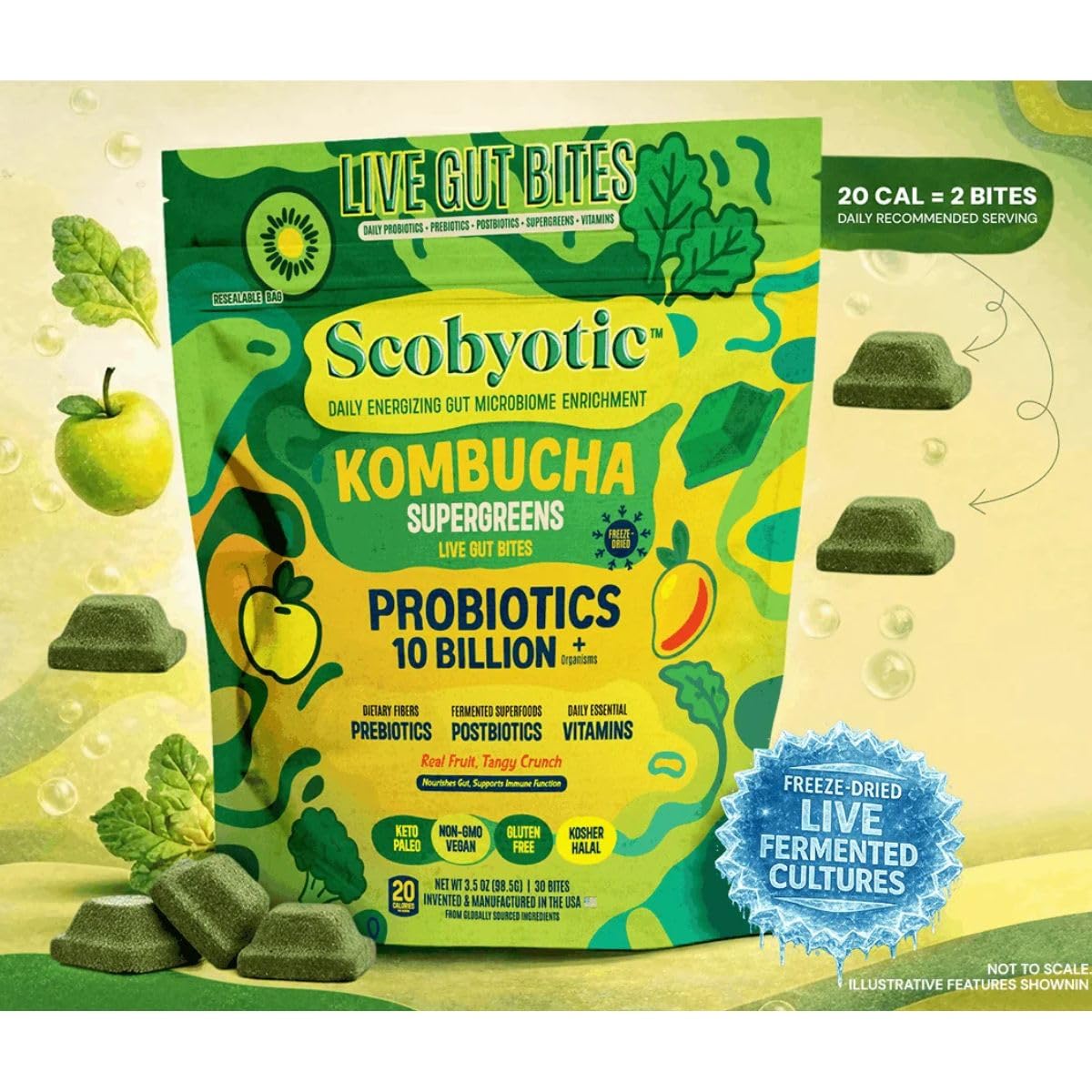 Scobyotic® Kombucha Supergreens Live Gut Bites – 10 Billion CFU Probiotics + Prebiotics & Postbiotics – Kombucha & Supergreens – Freeze-Dried Probiotic Supplement Scobyotic uk supplements