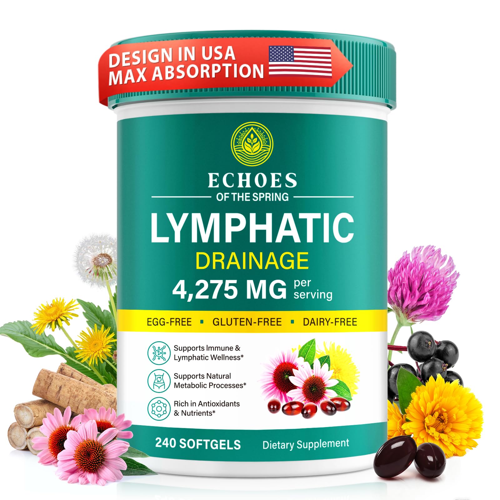Lymphatic Drainage Supplements, 4275mg Lymph System Support Supplement for Women & Men, Daily Wellness Support, 21-in-1 Herbal Blend with Echinacea, Dandelion, Burdock, Turmeric & More, 240 Softgels Echoes of the spring uk supplements