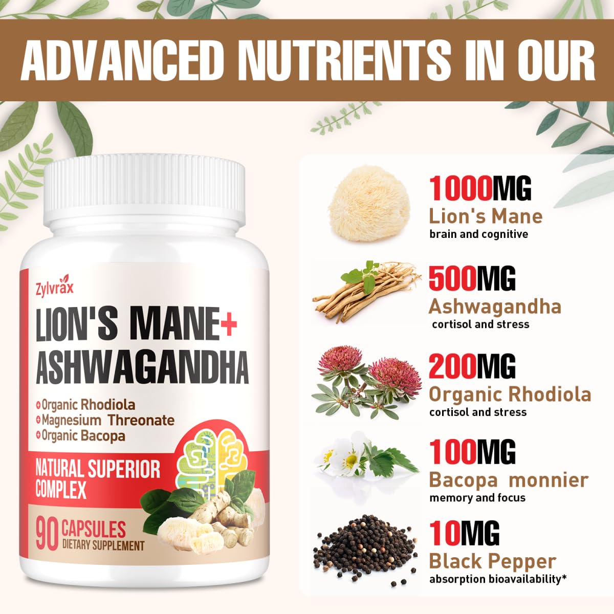 Ashwagandha & Lions Mane Supplements Capsules, Brain Supplements for Memory and Focus, Ashwagandha with Rhodiola Rosea for Cognitive, Immune Support, Cortisol Supplements for Women, 90 Capsules Zylvrax uk supplements