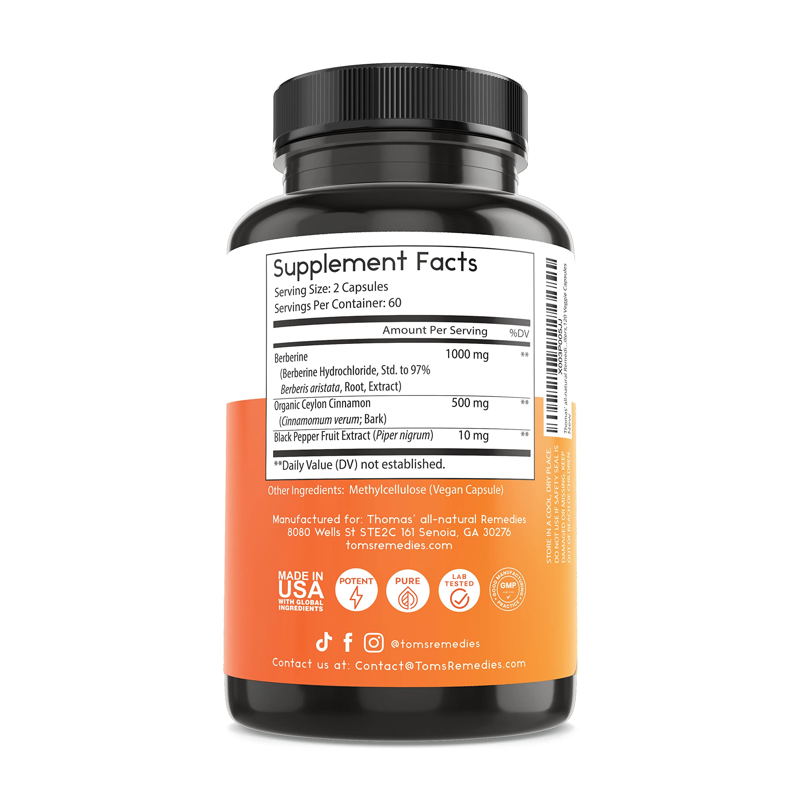 Thomas' all-natural Remedies Berberine 500mg (1000mg Per Serving)- 120 Vegan Capsules Thomas' all-natural Remedies uk supplements