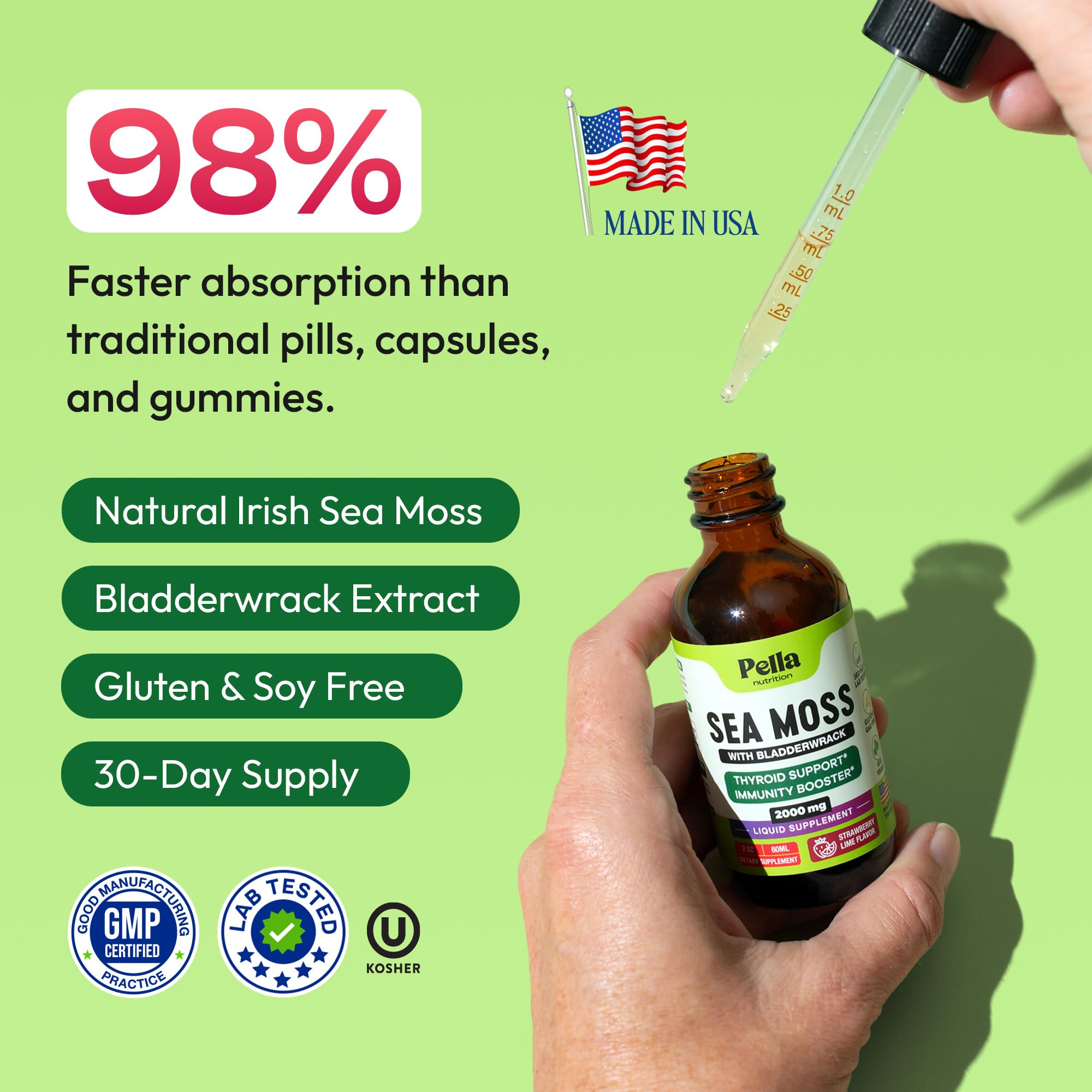 Pella Nutrition Sea Moss Drops with Bladderwrack – 4X Faster Absorption Than Irish Sea Moss Gel Superfood, Gummies, and Capsules – Digestive & Immune Support Supplement (Strawberry Lime, 60mL) Pella Nutrition uk supplements