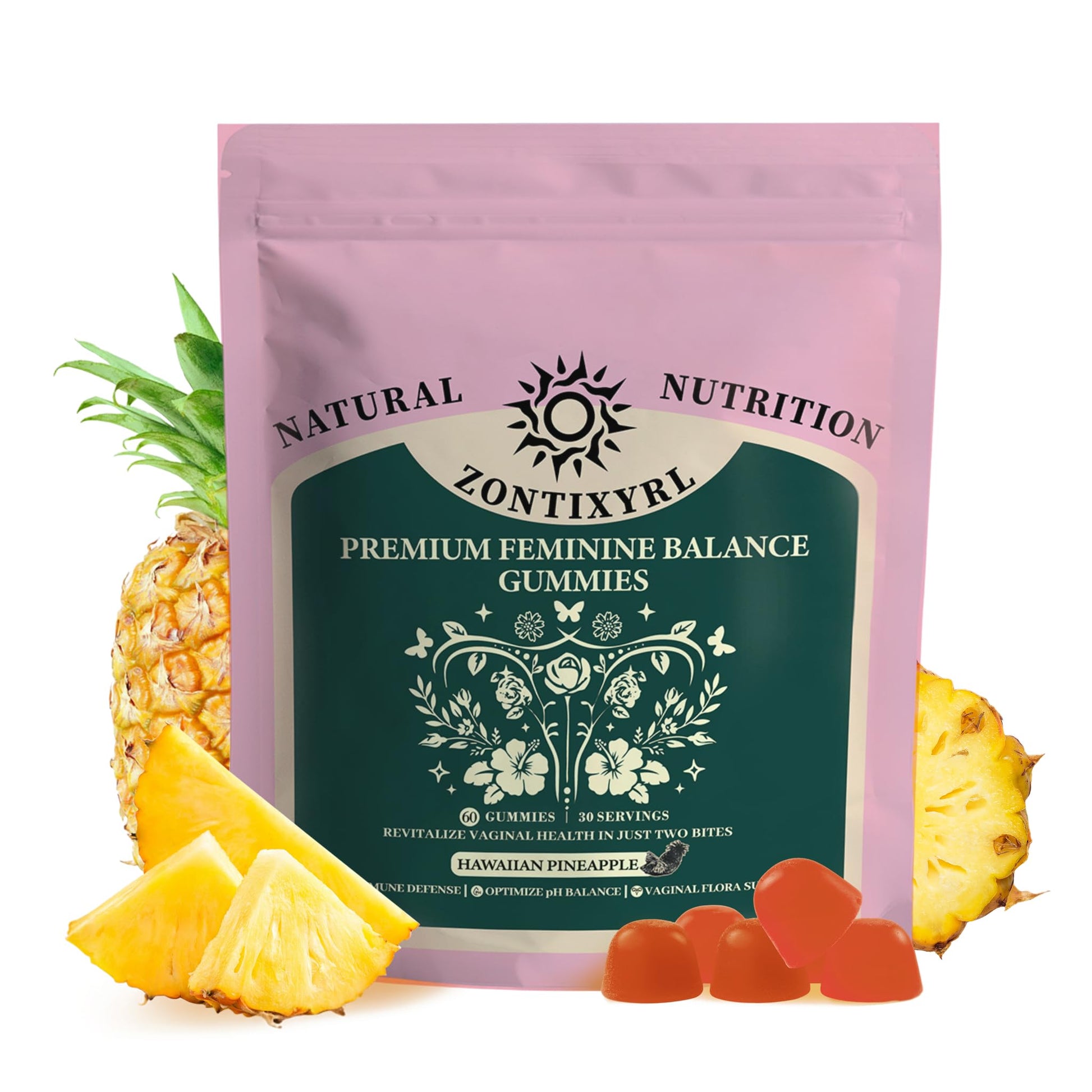Zontixyrl Premium Feminine Balance Gummies Women - Pineapple Gummies for Women pH Probiotic and Immune Support Vegan Gluten Free 60 Gummies 30 Servings Zontixyrl uk supplements
