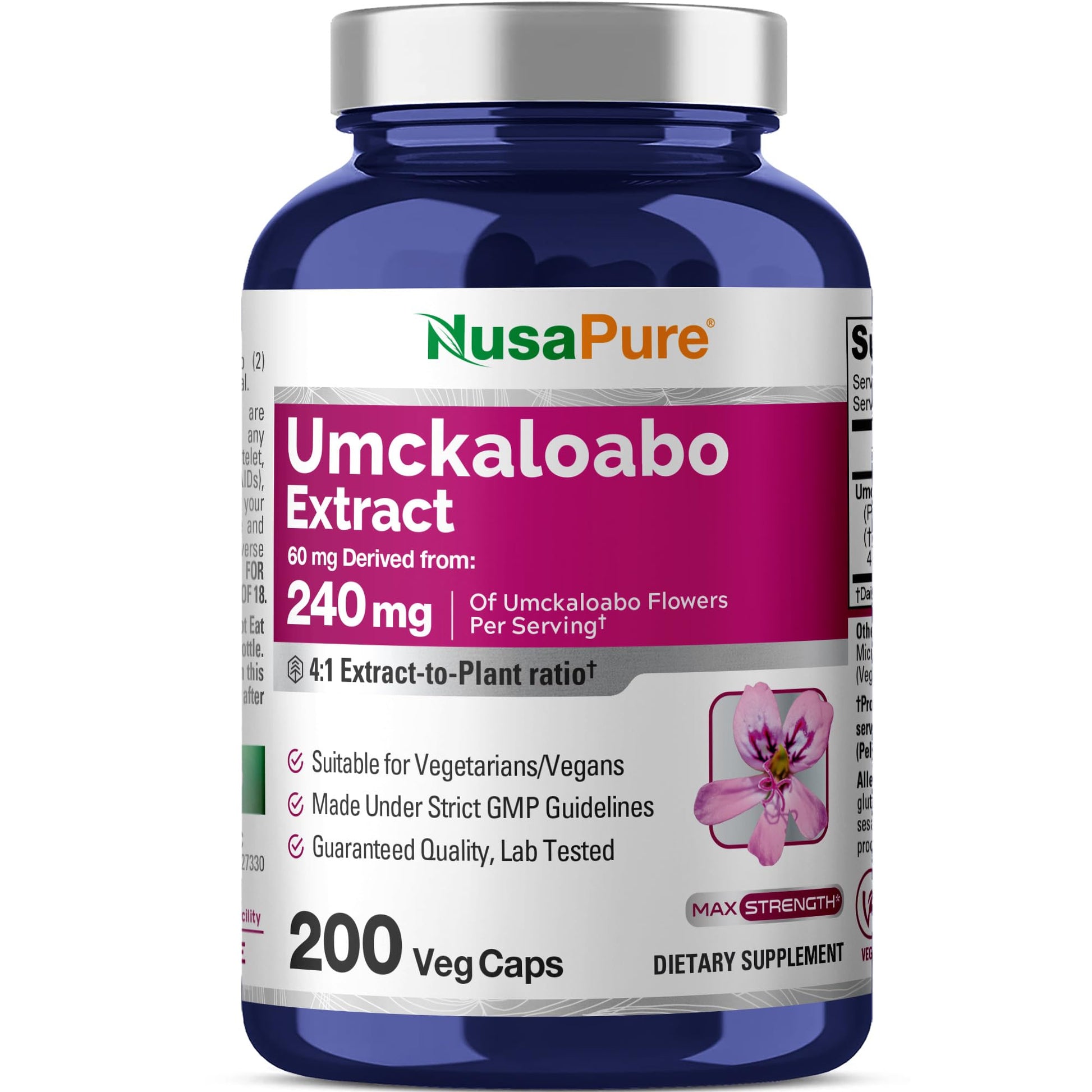 NusaPure Umckaloabo 4:1 Extract, 60 mg Equivalent to 240 mg Veggie Caps 200 Count (Non-GMO, Vegan) NusaPure uk supplements