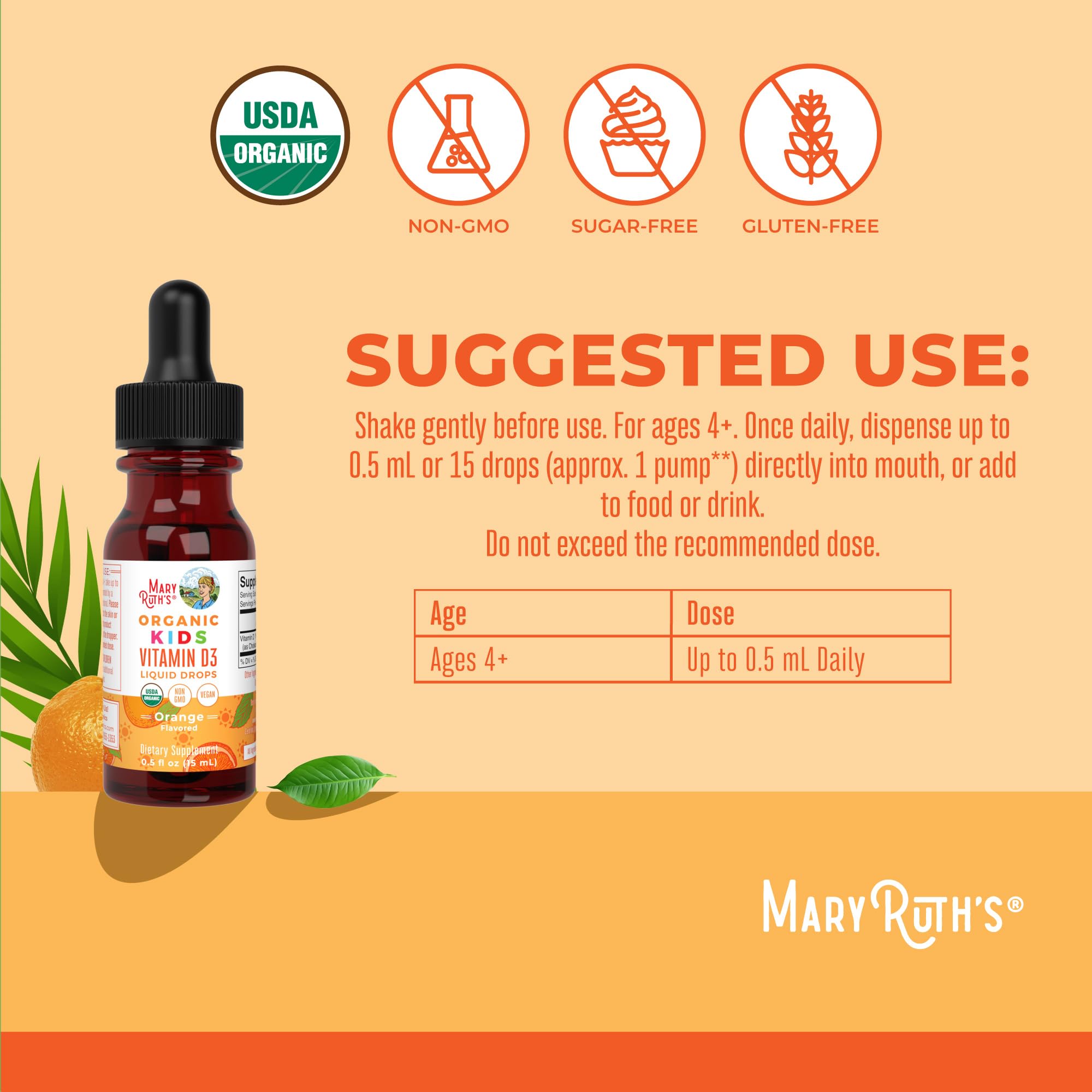 MaryRuth Organics USDA Organic Vitamin D3 Liquid Drops for Kids | 640 IU Vitamin D3 Per Serving | Kids Immune Support & Bone Health Supplement | Formulated for Ages 4-13 | 0.5oz | 30 Servings MARYRUTH'S uk supplements