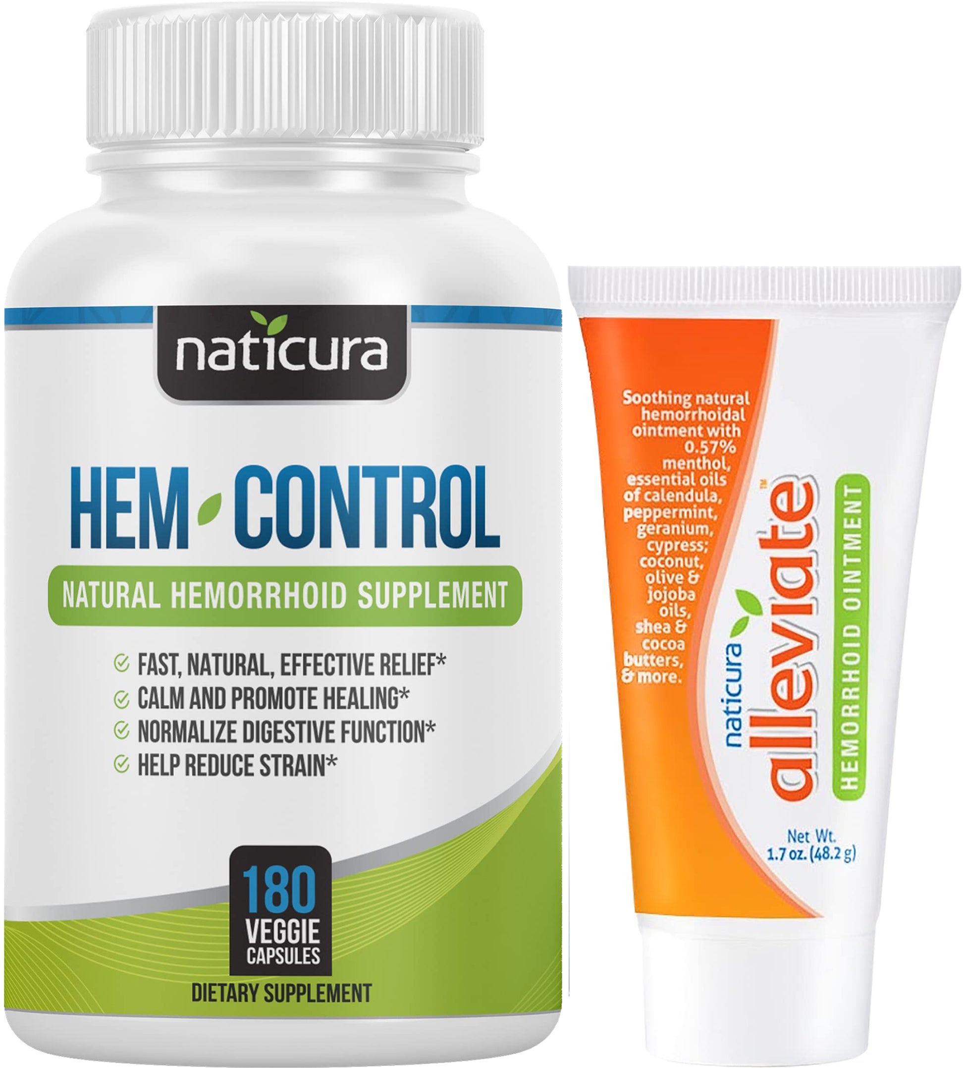 Naticura Bundle - Hem-Control Vegan Digestive Support Supplement (180 Count) and Alleviate Natural Hemorrhoid Relief Cream for Burning, Itching and Swelling (1.7 oz) Plus 2 Travel-Size Tubes Naticura uk supplements