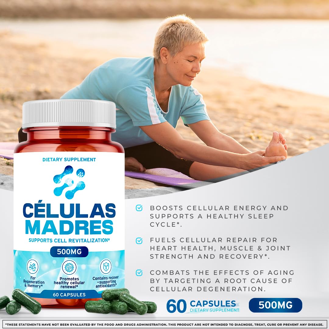 Stem Cell Supplements 500mg (60 Cap) Natural Anti-Aging & Longevity Support with Spirulina & Chlorella, Boost Cellular Renewal, Restore Youthful Energy, Reduce Joint Soreness – Celulas Madre AURA VITAMINS uk supplements