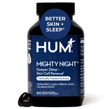 HUM Mighty Night Nighttime Sleep Supplement for Skin Care, CoQ10, Valerian Root & Ferulic Acid to Support Cell Turnover, Skin Vitamins for Women and Men, Overnight Beauty Vitamins, 60 Vegan Softgels HUM uk supplements