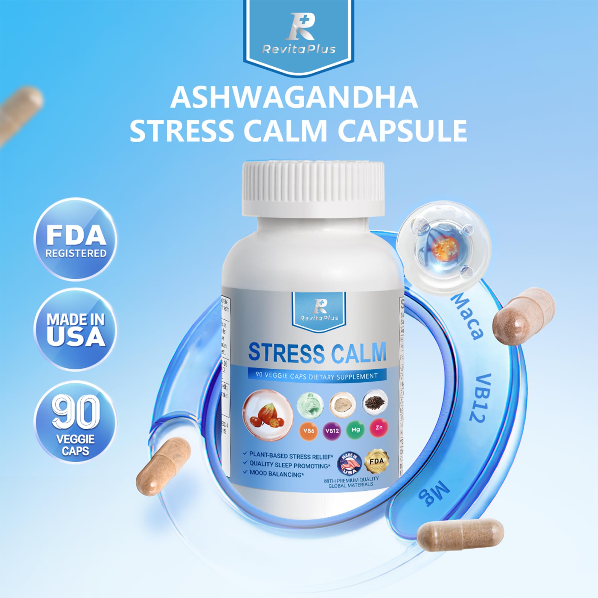 RevitaPlus 8-in-1 Ashwagandha Supplements with B12 B6 Magnesium Maca Zinc Folate, Cortisol Supplements for Women and Men Supports Stress Relief, Sleep, Energy, Focus(90 Capsules) RevitaPlus uk supplements