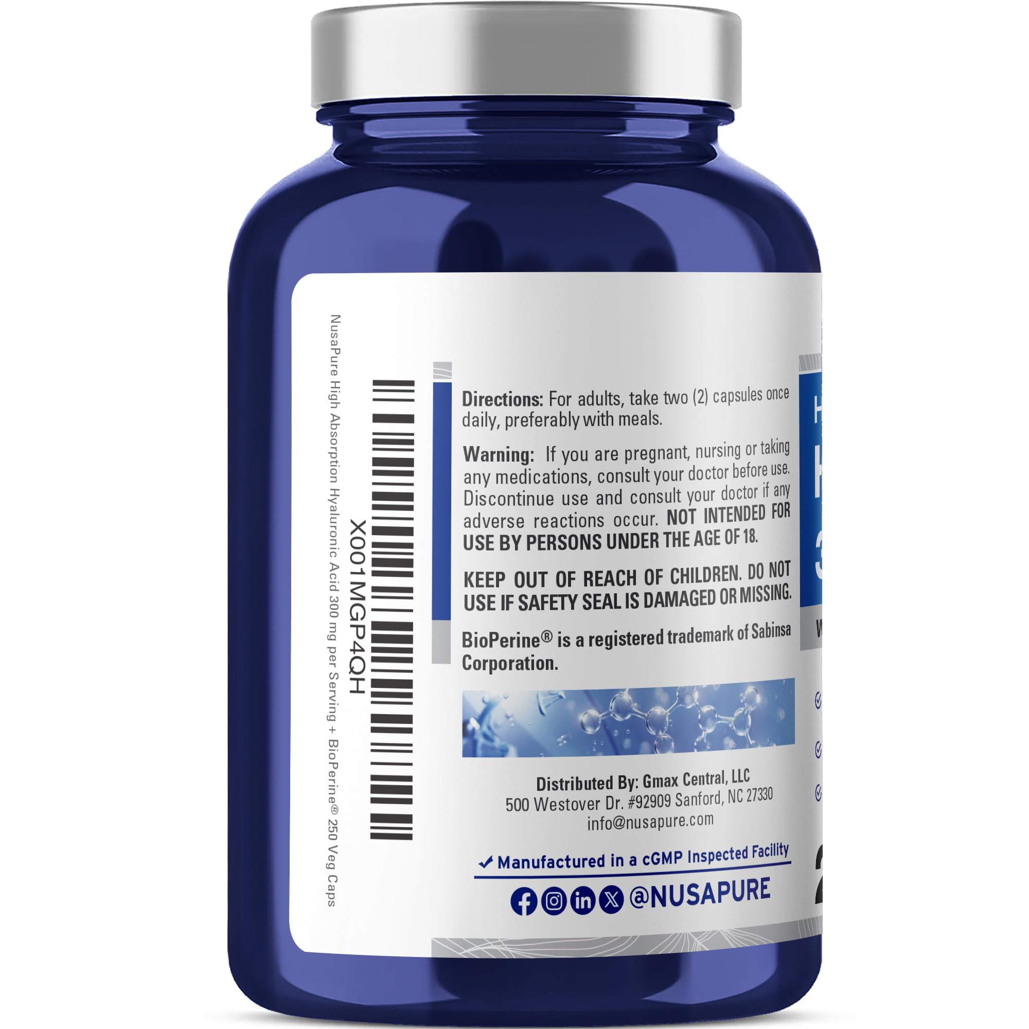 NusaPure Hyaluronic Acid 300mg 250 Veggie Capsules (Non-GMO, Vegan) NusaPure uk supplements