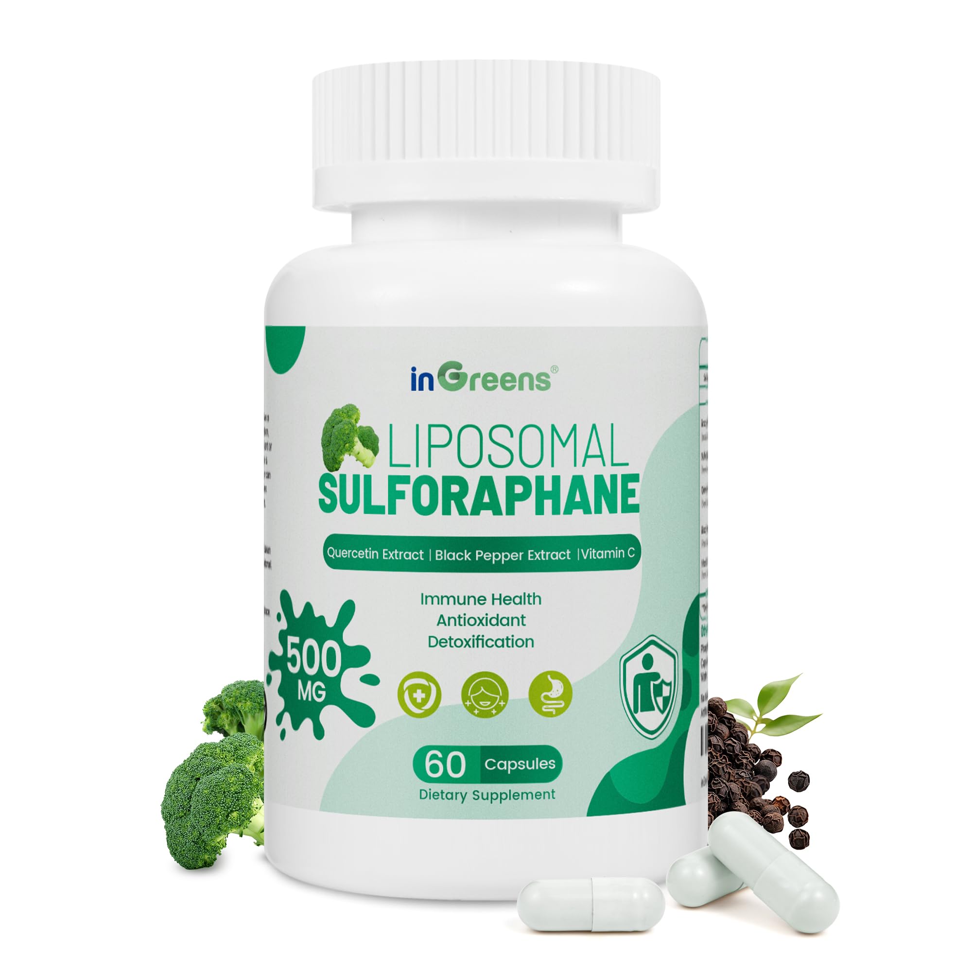 Liposomal Sulforaphane 500mg Supplement from Broccoli Extract with Quercetin, Black Pepper & Vitamin C – Antioxidant, Detox & Cellular Support, Cellular Health Formula for Men & Women, 60 Capsules inGreens uk supplements