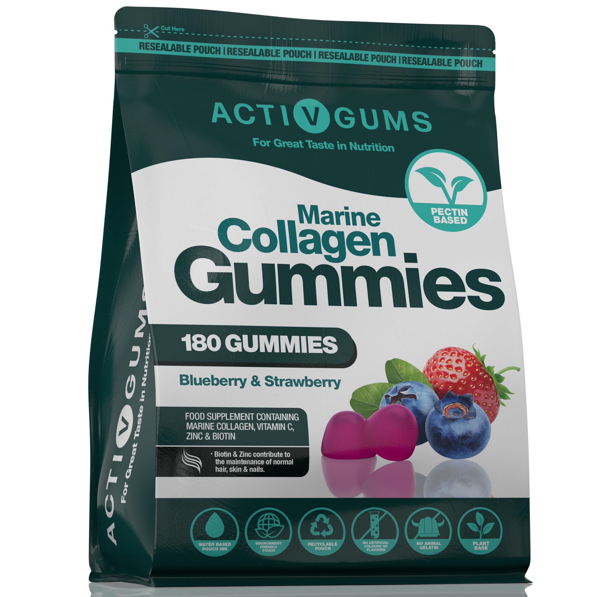 Marine Collagen Complex 180 Gummies. Strawberry & Blueberry Flavour. Resealable & Recyclable Pouch. Contains Marine Collagen, Vitamin C Activ Gums uk supplements