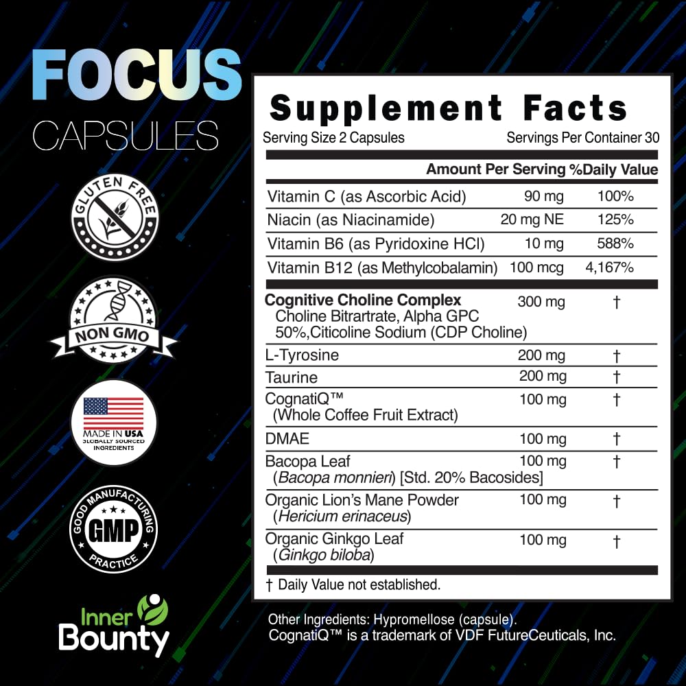 Inner Bounty Focus 14-in-1 Nootropic Brain Supplement with Lions Mane, Alpha GPC Choline, Vitamin C & B12, Taurine, Bacopa - Energy, Cognitive, Memory Support, 60 Filler Free Capsules Inner Bounty uk supplements