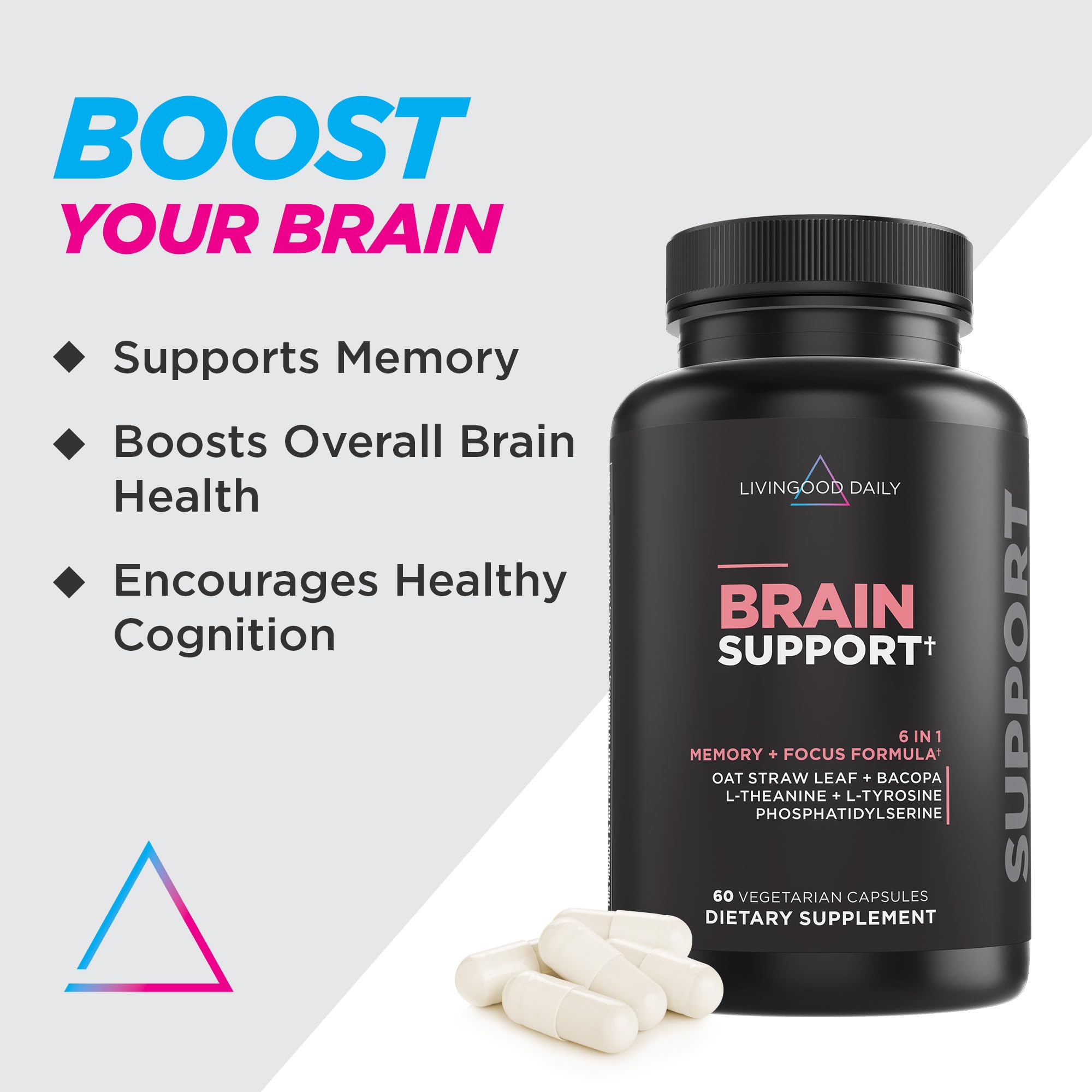 Livingood Daily Brain Supplements for Memory & Focus, Nootropic Pills with Bacopa, L Theanine, L Tyrosine, Amino Acids & More, Cognitive Support for Men & Women, Vegan, Gluten Free, 60 Capsules Livingood Daily uk supplements